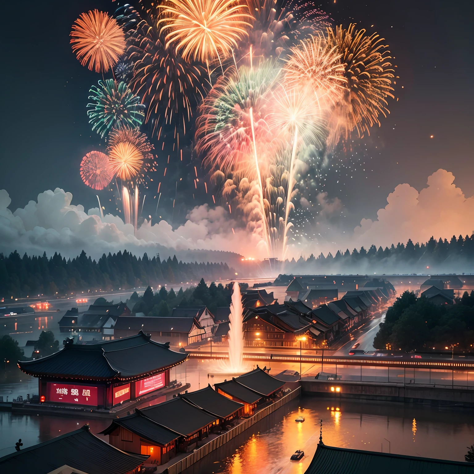 Fireworks set off at the Chengdu Universiade,The background is the fire department,Electrical workers,The flood control department is working hard --auto