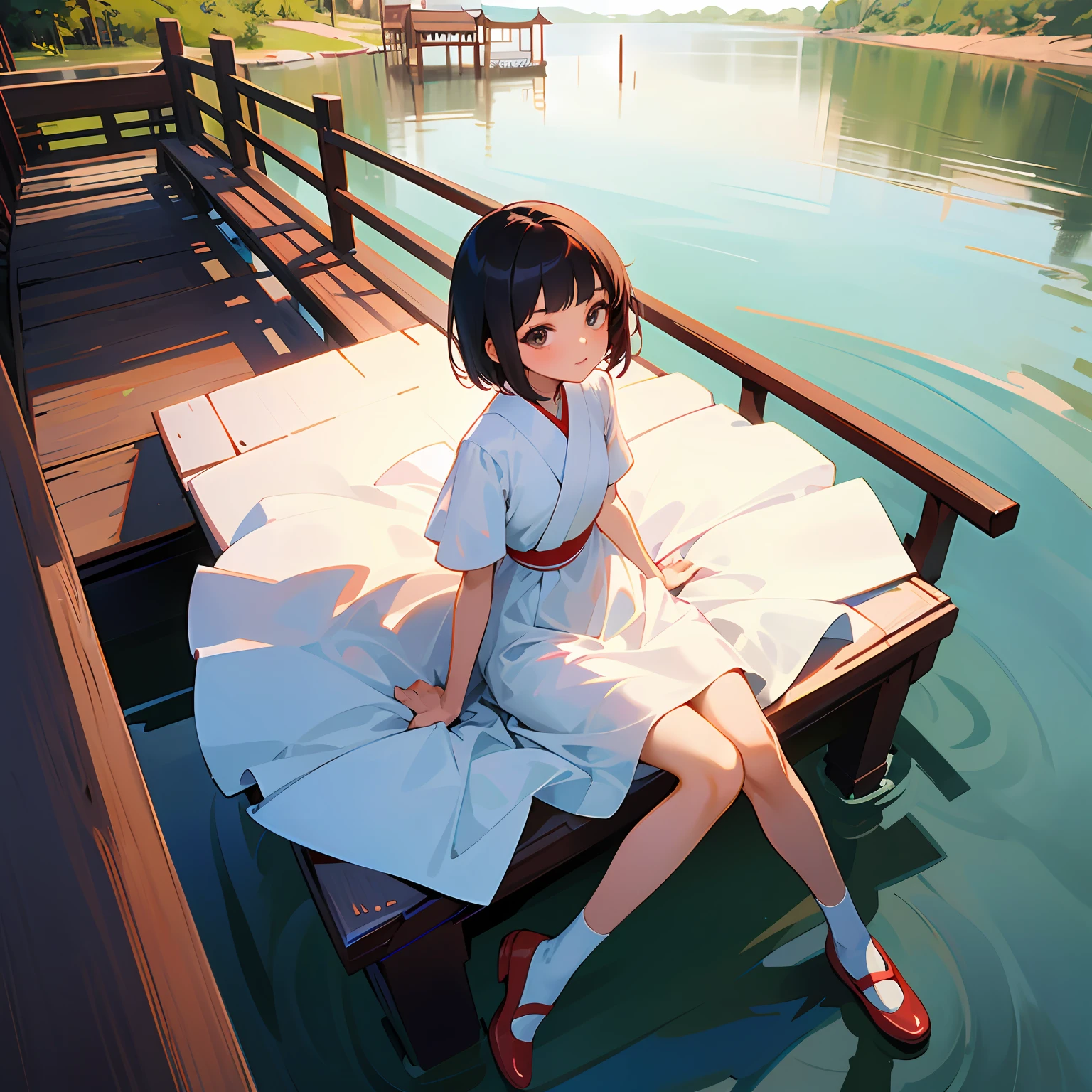 Arakfi woman in white dress sitting on a wooden bridge，Wear red shoes, photo of slim girl model, Young Asian girl, young cute wan asian face, young and cute girl, cute young woman, Young Asian woman, a cute young woman, Beautiful girl model, wearing a cute white dress, with short hair, Beautiful model girl, pretty face with arms and legs --auto