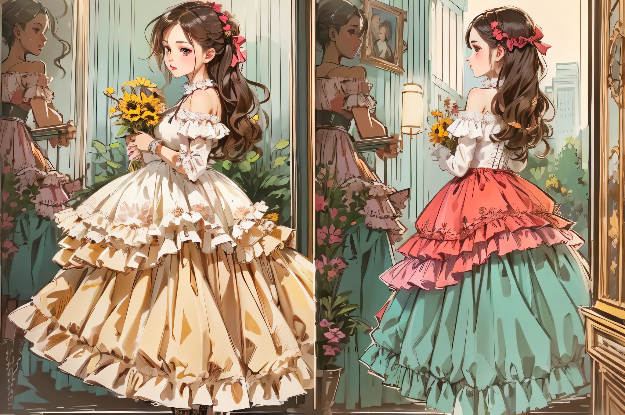 lwsh, illustration of a cute woman with A frilled and ruffled off-the-shoulder dress with a cinched waist and layers of colorful petticoats, finished with lace-up boots