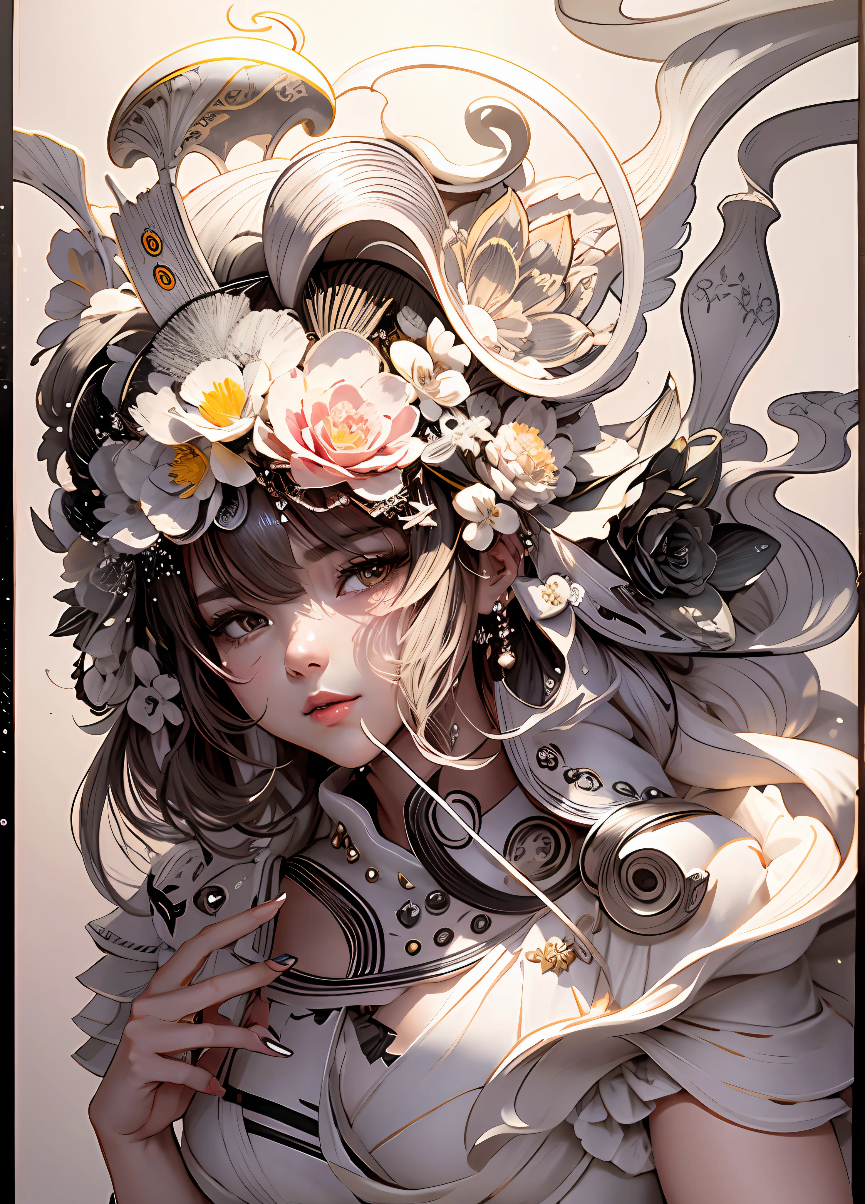 a drawing of a woman with a hat and a flower in her hair, cell shaded anime intricate, intense line art, clean ink detailed line drawing, intricate manga drawing, exquisite line art, lineart behance hd, extremely detailed woman, intricate line drawing, extremely fine ink lineart, intense black line art, line art illustration, line art, black and white line art,, beautiful line art, detailed manga style, extremely fine ink lineart, black and white manga style, black and white line art, ink manga drawing, intense line art, pencil and ink manga drawing, intense black line art, in style of manga, exquisite line art, perfect lineart,exquisite line art, exquisite digital illustration, detailed digital drawing, black and white coloring, digital anime illustration, a beautiful artwork illustration, detailed matte fantasy portrait, beautiful line art, great digital art with details, goddess. extremely high detail, 4k detailed digital art, stunning digital illustration, digital fantasy illustration,((Best quality)), ((masterpiece)), (detailed:1.4), 3D, an image of a beautiful female,HDR (High Dynamic Range),Ray Tracing,NVIDIA RTX,Super-Resolution,Unreal 5,Subsurface scattering,PBR Texturing,Post-processing,Anisotropic Filtering,Depth-of-field,Maximum clarity and sharpness,Multi-layered textures,Albedo and Specular maps,Surface shading,Accurate simulation of light-material interaction,Perfect proportions,Octane Render, Two-tone lighting,Wide aperture,Low ISO,White balance,Rule of thirds,8K RAW,