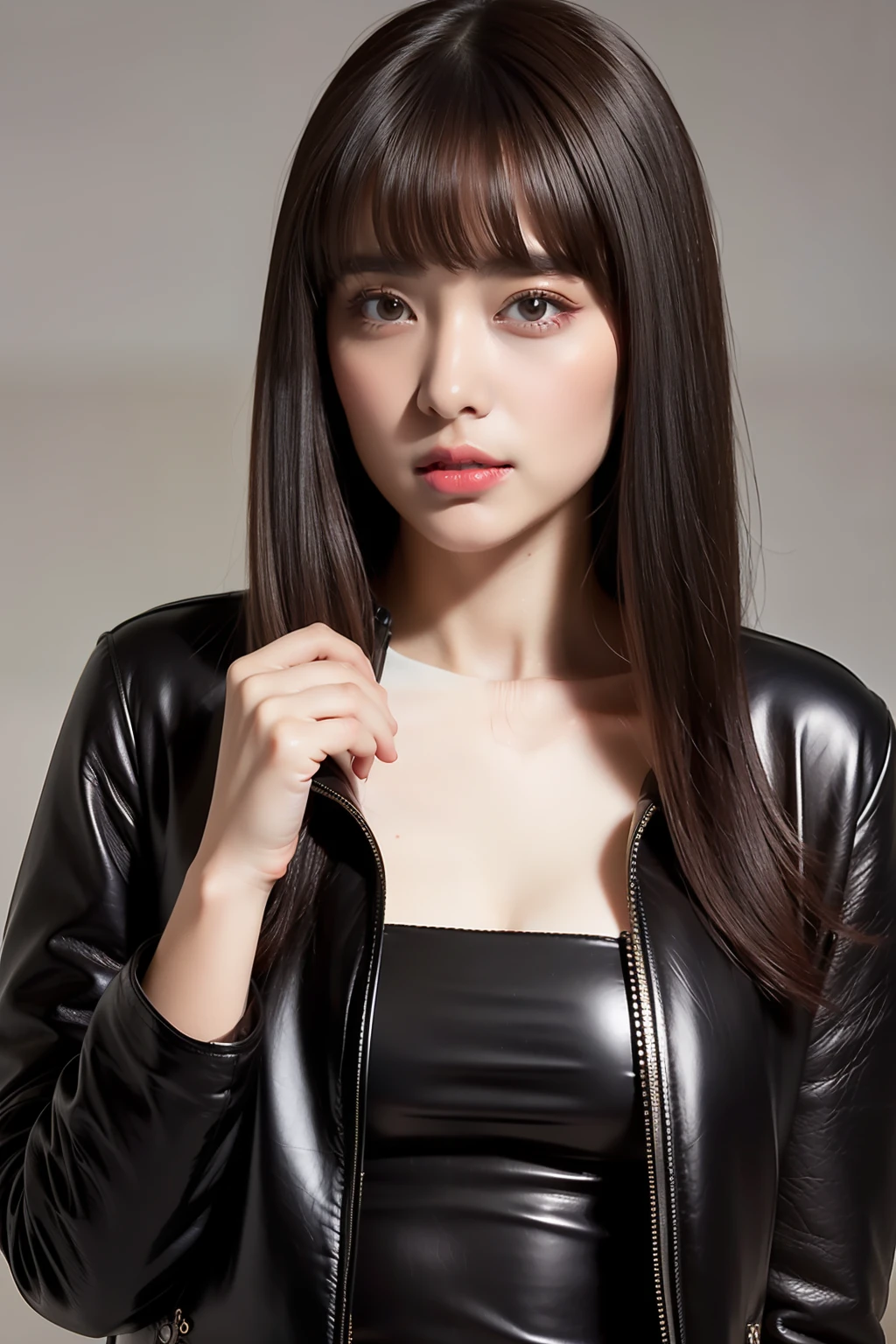 Long fringe hair、1girl in、Glossy leather riders jacket、Leather、tight skirts、(top-quality:1.4)、(超A high resolution:1.2)、(A detailed eye)、a room
