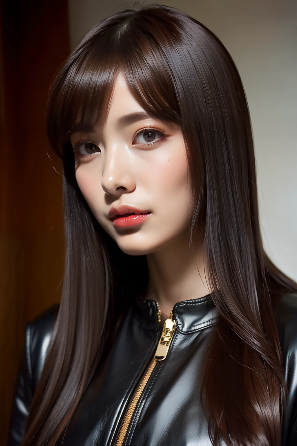 Long fringe hair、1girl in、Glossy leather riders jacket､Leather、tight skirts、(top-quality:1.4)、(超A high resolution:1.2)、(A detailed eye)､a room