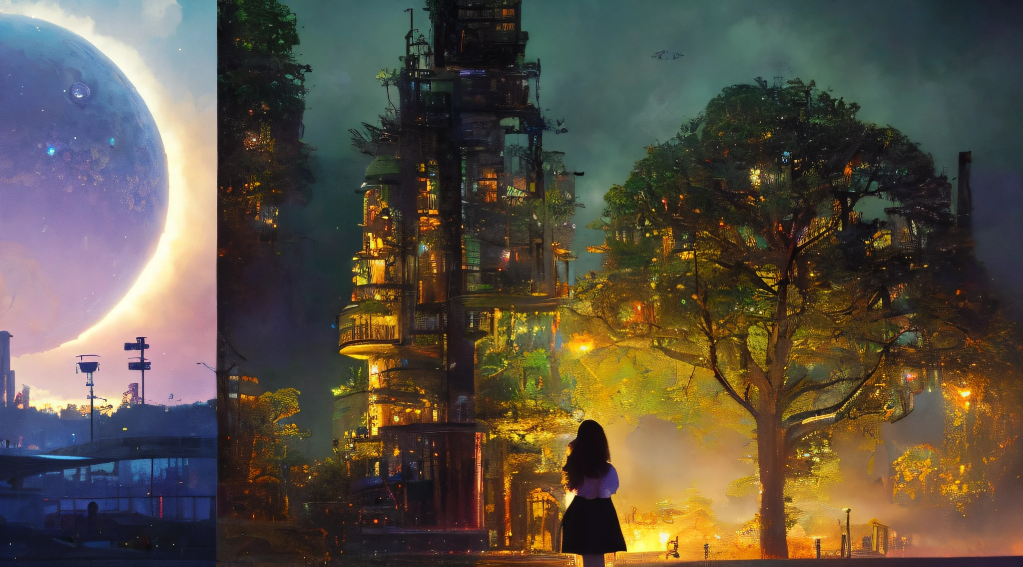 Woman Standing In Front Of A Building, paul lehr and beeple, forest city streets behind her, inspired by Paul Lehr, in fantasy sci - fi city, concept art wallpaper 4k, beautiful concept art, andreas rocha style, stylized urban fantasy artwork, fantasy matte painting，Cute, beeple and jean giraud