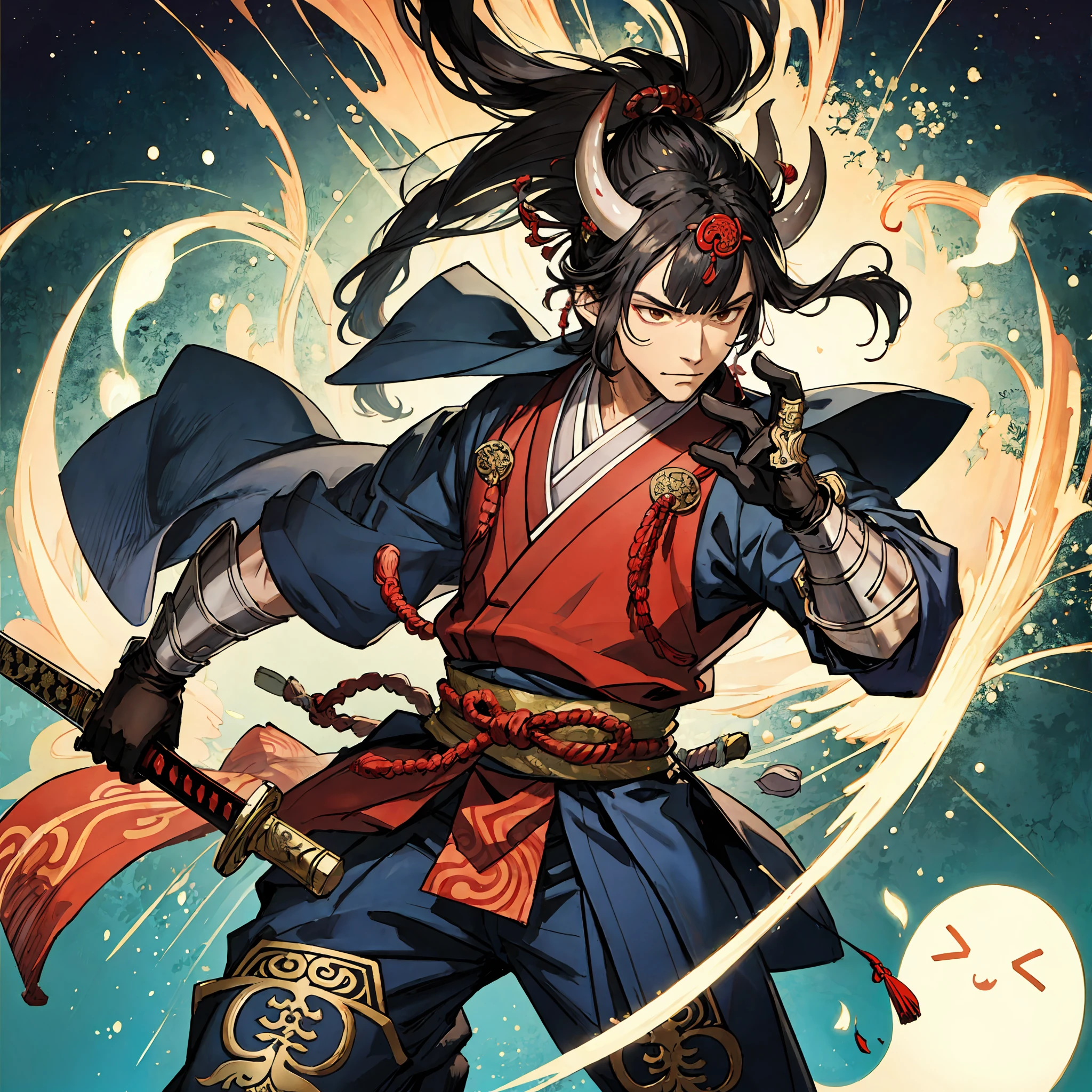 (best quality),  detailed background, oriental emperor,oni man,combat arts, holding holding sword, oriental castle,ghost