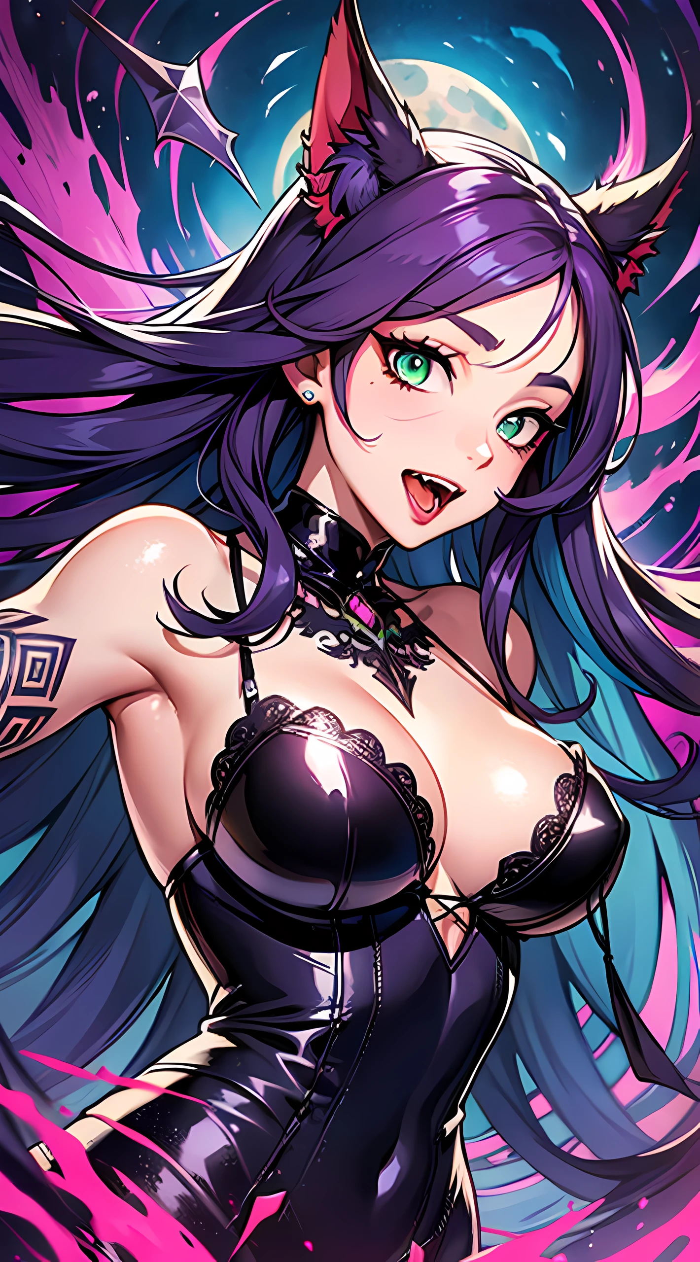 (best quality, masterpiece, colorful, dynamic angle, highest detailed)upper body photo, fashion photography of cute succubus girl, gothic, large demon red wings (high resolution textures), long green hair, (abstract art), half demon, crimson cat iris, cat eyes, vampire very long fangs, (intricate details, hyperdetailed:1.15), detailed, moonlight passing through hair, (official art, extreme detailed, highest detailed), arms up,