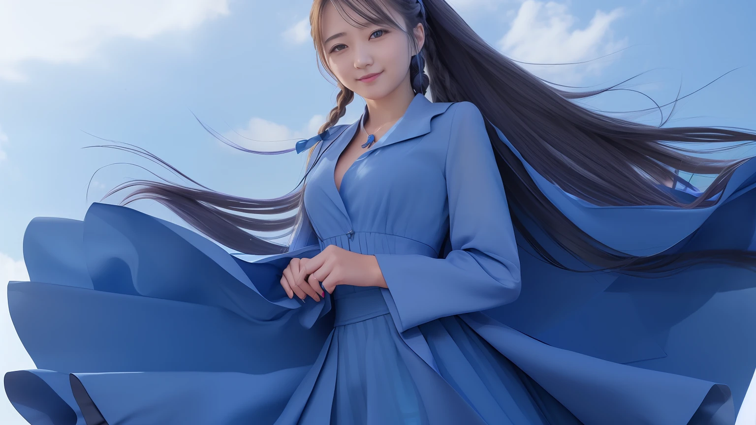 1 girl in、Longhaire、Business suits、(((a blue dress)))、Hands are a sign of peace、A smile、Braid hair
