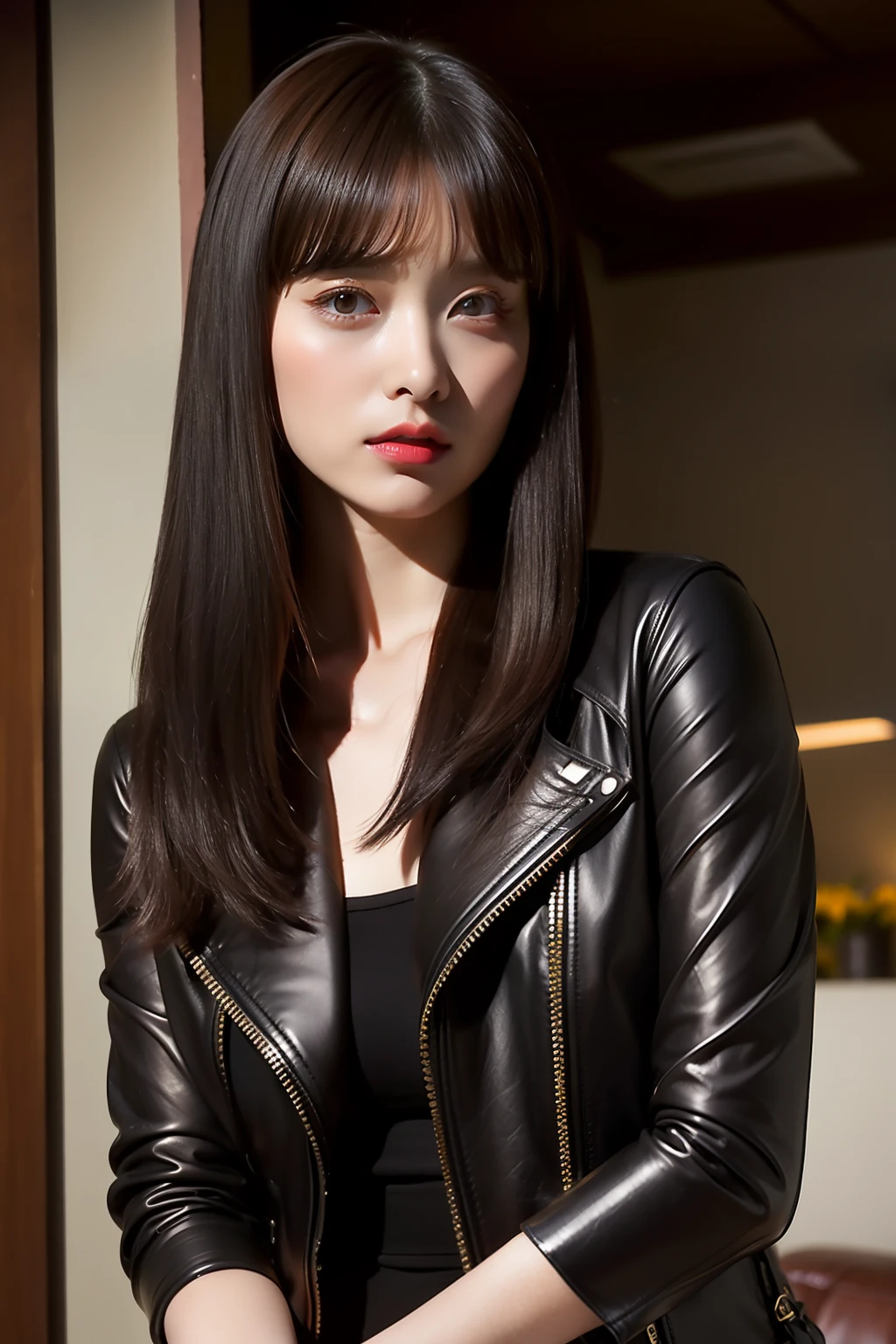 Long fringe hair、1girl in、Glossy leather riders jacket、Leather、tight skirts、(top-quality:1.4)、(超A high resolution:1.2)、(A detailed eye)、a room