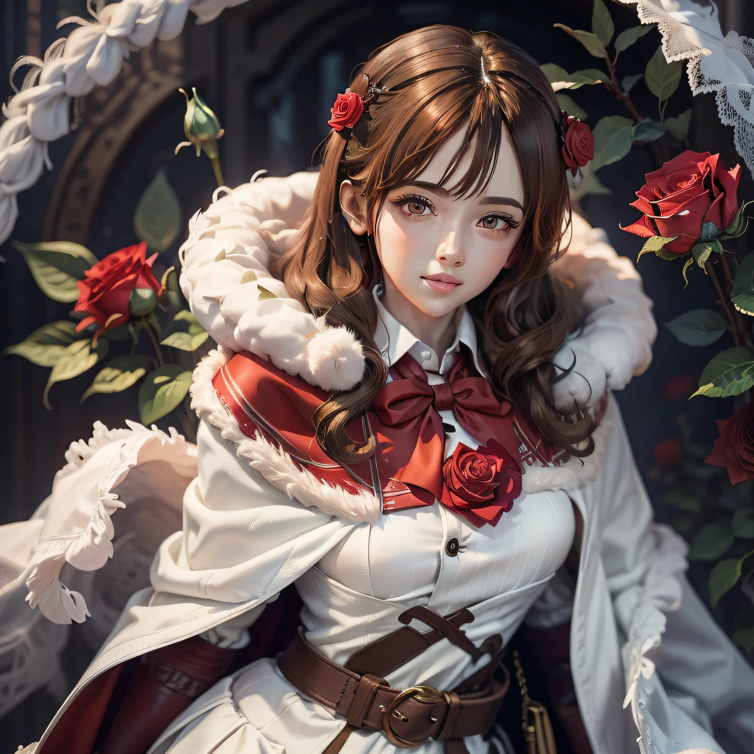 Curled hair、fluffy hair、Brown hair、Brown hair、 red eyes、Red rose hair accessories、Red Cape、White fur、White dress、Embarrassing、Anime style、Young face、Katyusha、long-sleeve、frilld、Rosa、figurine