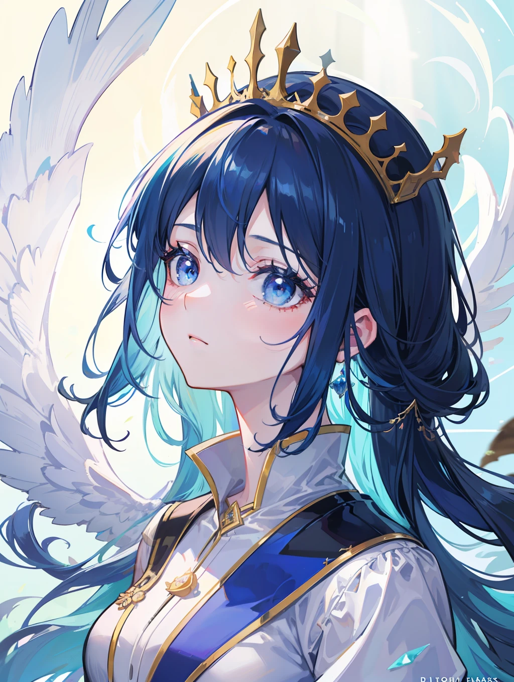 Close-up of a woman with blue hair and crown,a beautiful fantasy empress,beautiful angel,8K high quality detailed art,of an beautiful angel girl,Trends on CGSTATION,Ethereal fantasy,Anime fantasy illustration,beautiful fantasy anime,Highly detailed digital art in 4K,Portrait of a beautiful angel。