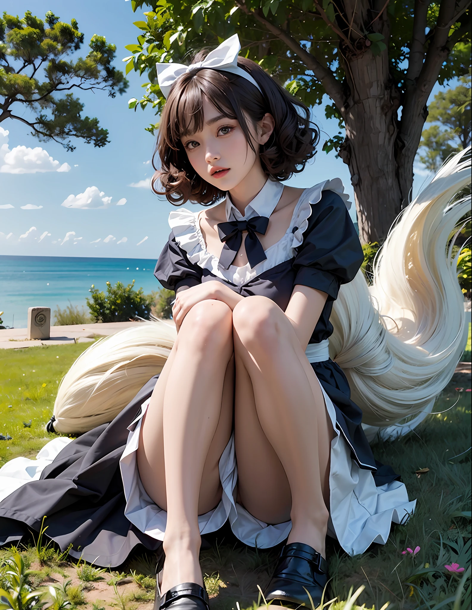 parks,Lying on the grass,Head up,1girll,double tails,brunette color hair，Qi bangs，curlies,maid,Flying,White sailor suit and short skirt,blue bow,16-year-old female model,