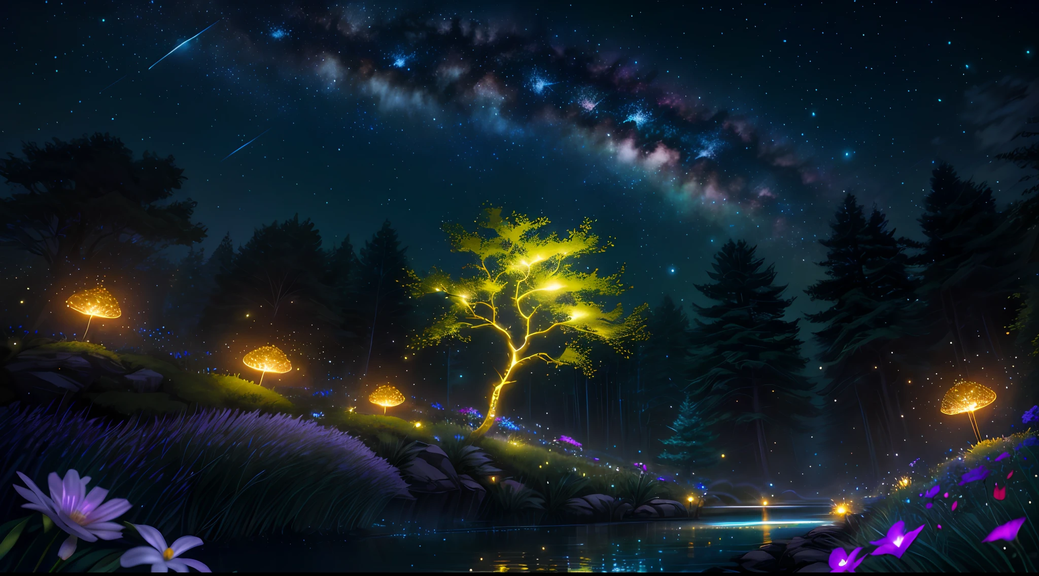 masterpiece、top-quality、hightquality、Highly detailed CG Unity 8K wallpapers、Bright night sky with bright colors、Sky full of stars、bright green grass landscape、colorful trees々、Glittering fruits、And bright shining blue flowers。The stream is a rich black shade,、The air is filled with sweet exotic aromas。The environment seems to have been taken out of a dream.、Luminescent fireflies and colorful fireflies fly around、awardwinning photo、bokeh dof、depth of fields、nffsw、bloom、chromatic abberation、Photorealsitic、ighly detailed、trending on artstationh、Trends at CG Setsoti、intricate and detailed、Dramatic、Art by Midjourney