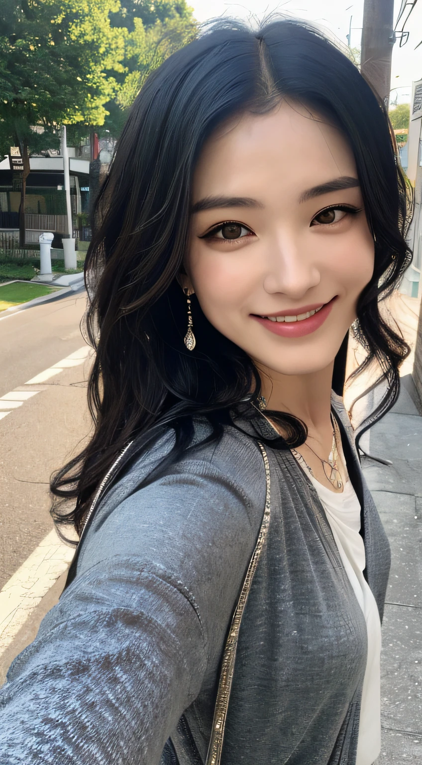 ((Realistic lighting、top-quality、8K、​masterpiece:1.3))、Focus:1.2、1 girl in、flawless beauty:1.4、((Wavy black hair、:1.3))、(outside of house、natta:1.2)、Thin Eyes、二重まぶた、(In the street）、toward to the camera、(half: 1)、((Casual wear))、a smile