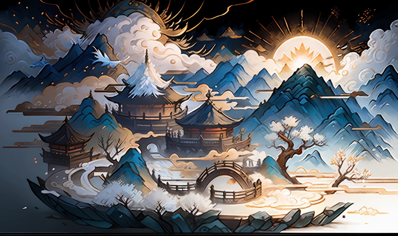 Ancient Chinese scenery, mountains, rivers, auspicious clouds, sunshine, white background, masterpiece, super detail, epic composition, Ultra HD, high quality, extremely detailed, official art, unified 8k wallpaper, Super detail, 32k -- v 6