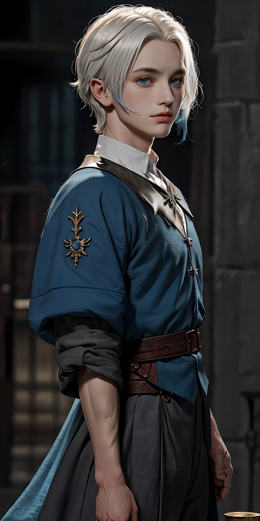Draco malfoy em trajes prateado e azul, orelhas de elfo, muito bonito, arte muito detalhada, com cabelos platinados e um pouco comprido, com colar de Esmeralda muito lindo.