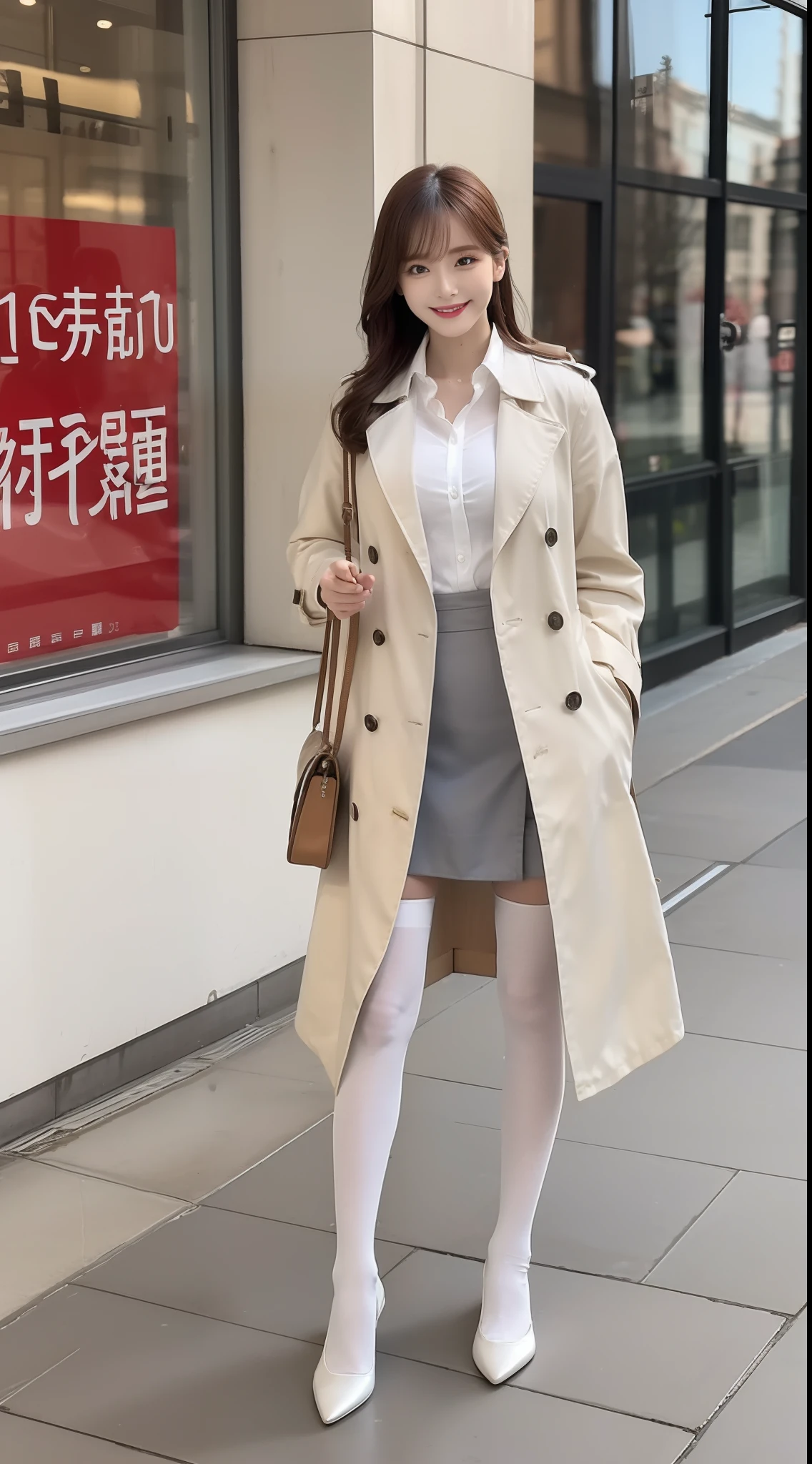 (true to life,Photorealistic 1.5),((best qualtiy, 8K, tmasterpiece:1.3)), (二重まぶた,largeeyes:1.3),(smile1.5),(Full body photo 1.5)(One person 1.5)Clear focus 1.2, Perfect body beauty:1.4 , Delicate skin1.1,(Long brown hair 1.5),(Delicate facial features1.4),(Pure desire 1.3)(White tights 1.5)(The leg length is one meter two,1.5),White shirt,Gray trench coat,pleatedskirt,Slender legs,Round scalp shoes,the city street
