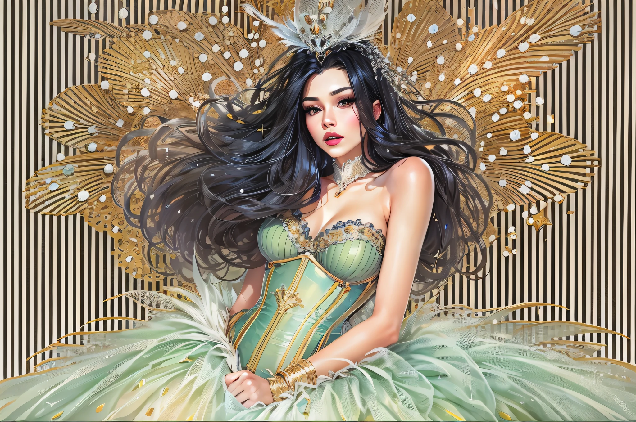 lwsh, illustration of a cute woman with A sparkling sequin-covered corset with feathered accents, paired with a voluminous tulle skirt and fishnet stockings
