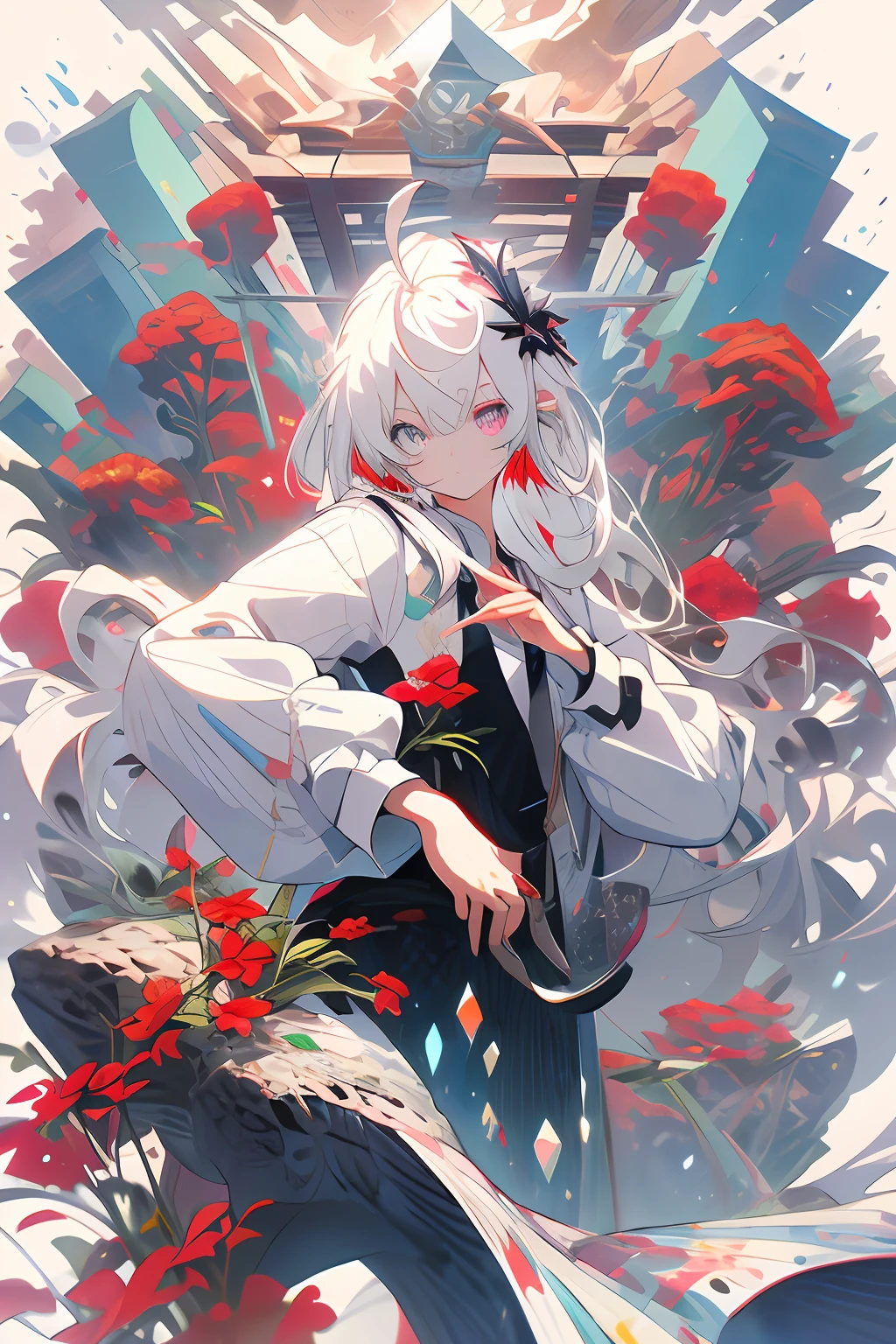 , (masterpiece:1.2), best quality,midjourney,
1girl, solo, long hair, white hair, looking at viewer, long sleeves, black dress, dress, own hands together, ahoge, very long hair, shirt, bangs, red hair, hair ornament, heterochromia, multicolored hair, pointy ears, purple eyes, white background, white shirt, closed mouth