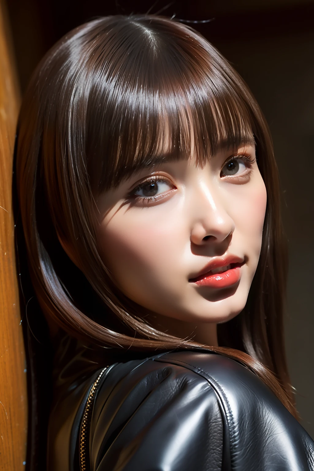 Long fringe hair、1girl in、Glossy leather riders jacket、Leather、tight skirts、(top-quality:1.4)、(超A high resolution:1.2)、(A detailed eye)、a room