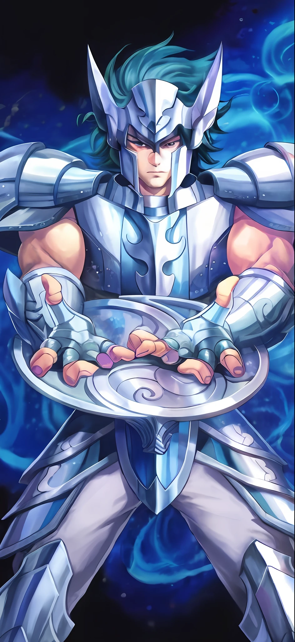 um close up de uma pessoa segurando um prato com comida, armadura azul e prata gelo, coberto com armadura de prata completa, arte chave detalhada do anime, Armadura refletida da cor do gelo da lasca, pale blue armor, armadura de prata, arte completa, arte oficial altamente detalhada, armadura brilhante, Sylas, legendary god holding spear, holding scale and holding sword