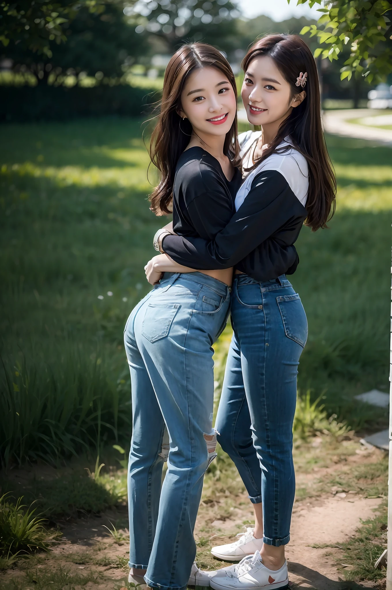 （RAW photogr，超高分辨率，tmasterpiece，best qualtiy：1.4），Complicated details，2 20 year old Korean girl，Wear a loose black T-shirt and jeans from fashion brands，Stand on the grass and take pictures，hugs，Intimate relationships，Detailed meadow，A sweet smile on a small face，The face and skin are pink and fair，Ultra-realistic facial details，Beautiful ribbons and hair accessories，Playful and coquettish pose，The calves are straight and slender:1.5，Wear high-end branded colorful travel shoes:1.5，eventide，warm color，Broad lighting，naturalshadow，Shoot from the back，Beautiful waist and hips，taking a full body photo:1.8