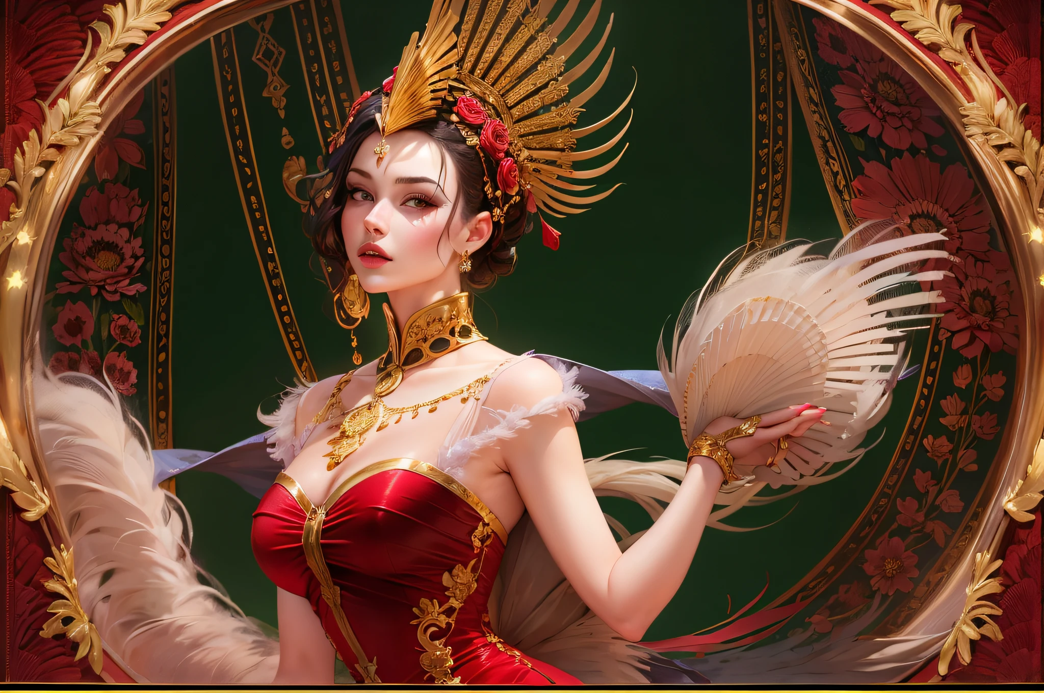 lwsh, illustration of a cute woman, The Showstopper, A figure-hugging red velvet dress adorned with intricate gold trim, accessorized with a feathered headpiece and long satin gloves.