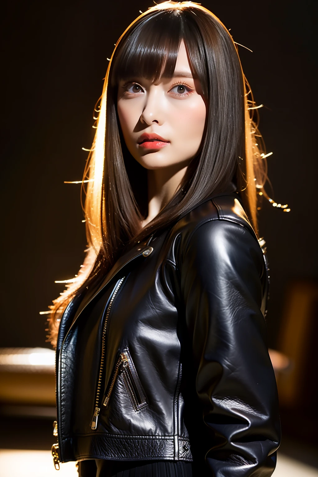 Long fringe hair、1girl in、Glossy leather riders jacket､Leather、tight skirts、(top-quality:1.4)、(超A high resolution:1.2)、(A detailed eye)､a room