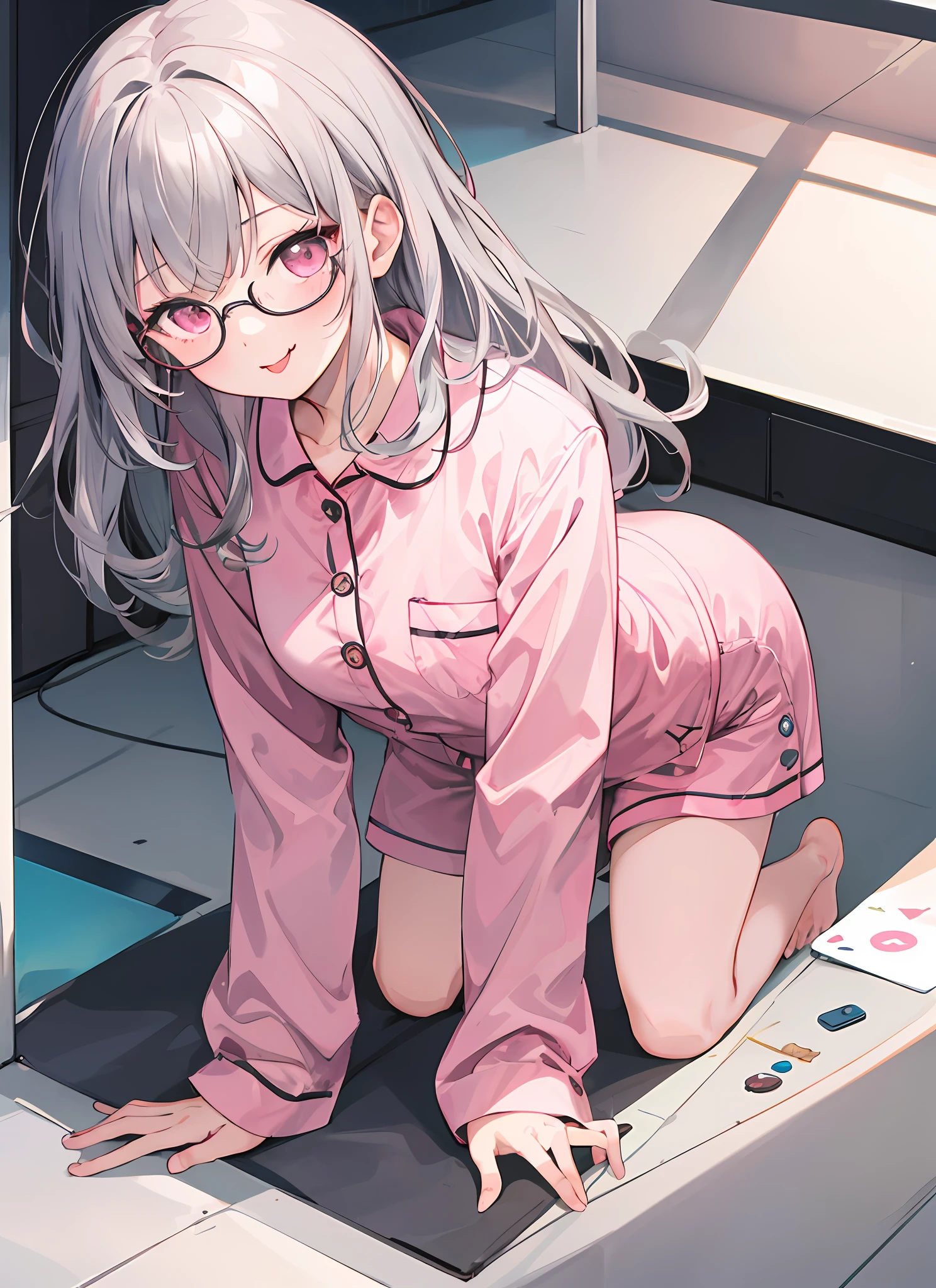 1girl, solo, all fours, from above, grey hair, (pink eyes)-, :p, pajamas, shorts, buttons, buttons, glasses--, mountain-