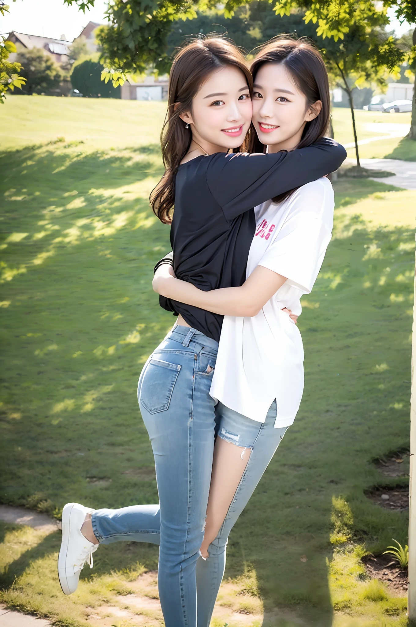 （RAW photogr，超高分辨率，tmasterpiece，best qualtiy：1.4），Complicated details，2 20 year old Korean girl，Wear loose blue fashion brand T-shirts and jeans，Stand on the grass and take pictures，hugs，Intimate relationships，Detailed meadow，A sweet smile on a small face，The face and skin are pink and fair，Ultra-realistic facial details，Beautiful ribbons and hair accessories，pearls necklace，Playful and coquettish pose，The calves are straight and slender:1.5，Wear high-end branded colorful travel shoes:1.5，eventide，warm color，Broad lighting，naturalshadow，Shoot from the back，Beautiful waist and hips，taking a full body photo:1.8
