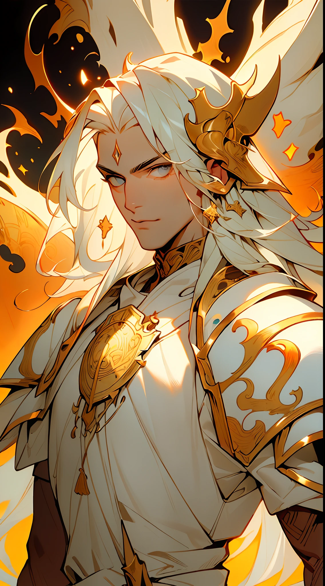 ((Masterpiece))), ((Best Quality))), ((Ultra Detailed)), (Surreal), (Highly Detailed CG Illustration),(masterpiece, best quality;1.3),(tarot card:1.2), 1guy, male focused,long white hair, young, mature and tall, crusader, armor,male_focus, shield, solo, looking at viewer, calligraphy characters, symmetrical composition, long shadow, cloody moon,blood splash, ultra detailed