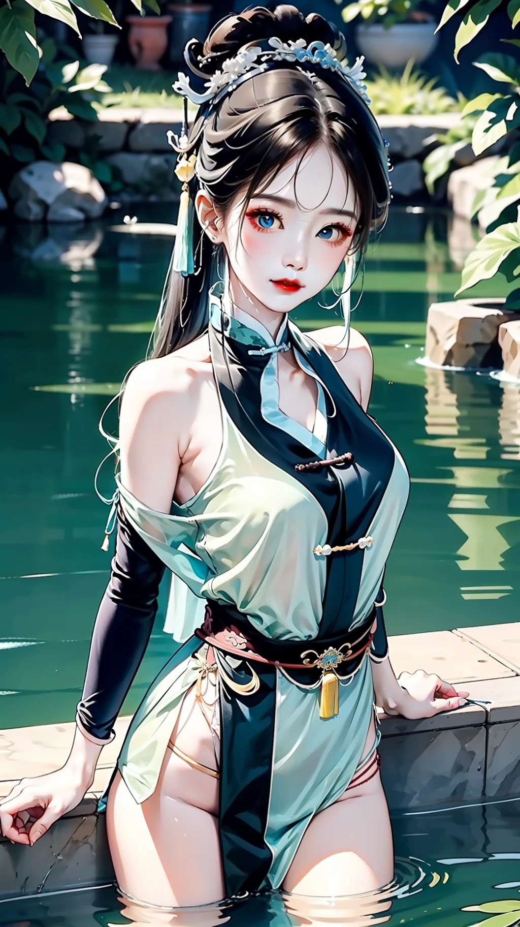 A fair-skinned classical Chinese woman bathes in a waterhole,Pool water and waist, And is preparing to untie the jade hairpin tied by his hair,She has wide eyes and red lips,Manners are genteel,Look at this side shyly and affectionately,We can only see parts of her body above the surface of the water