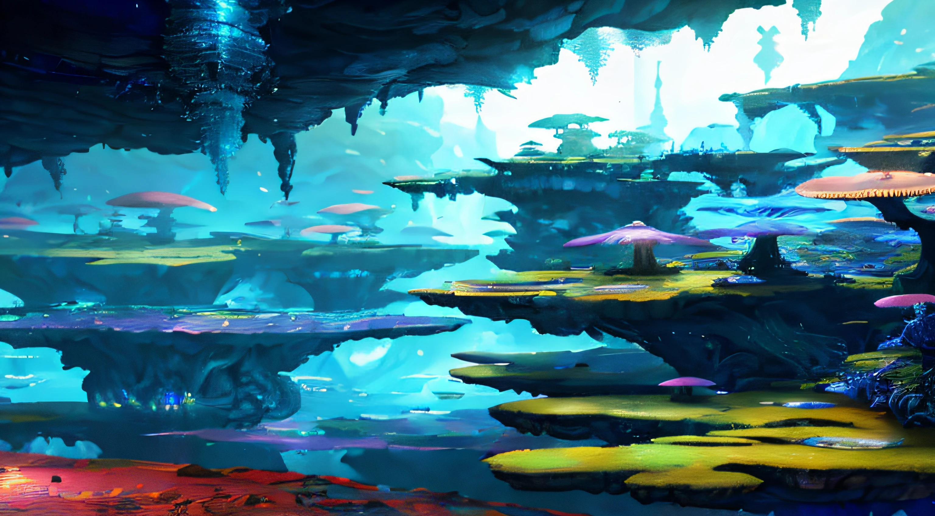 ((Perspective)) microcosm, Far view, Underground fantasy,((Masterpiece)), Best quality, High quality, ((Extremely detailed Cg Unity 8K wallpaper)),(fantasy), Underworld, Full of glowing fungi, ((Abyss)), There are staggered stone platforms in the abyss, With glowing small plants,,3D Digital Paintings,award winning photography, Bokeh, Depth of field, hdr, color difference ,Photorealistic,Extremely detailed, trending on artstationh, trending on CGSociety, Intricate, High detail, Dramatic, art by midjourney,extremelycomplicateddetails,Castle,Moon,