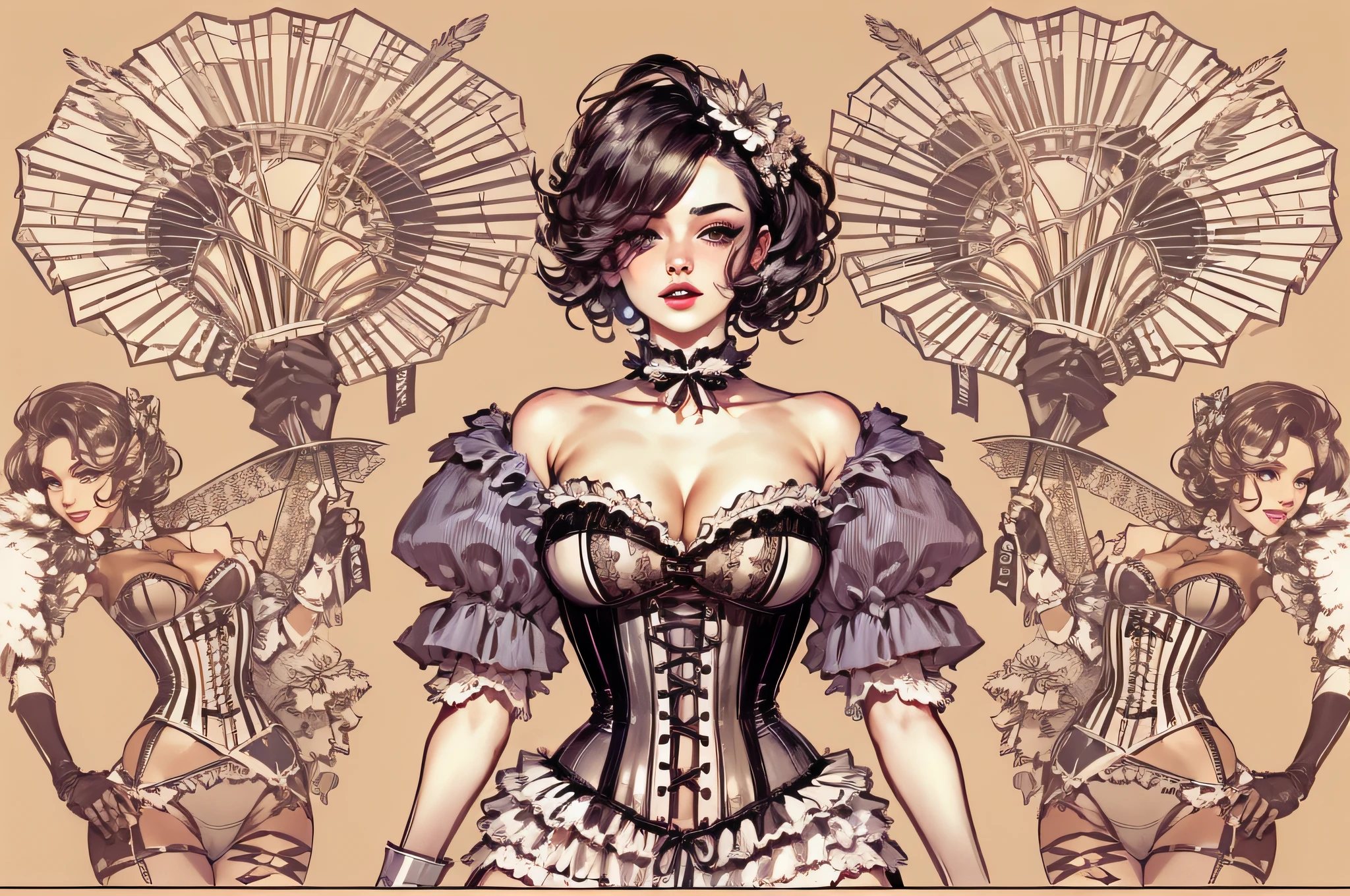 lwsh, illustration of a cute woman, The Burlesque Bombshell, A corset-style bustier with lace-up details, paired with high-waisted bloomers and thigh-high stockings, complete with feathered fans