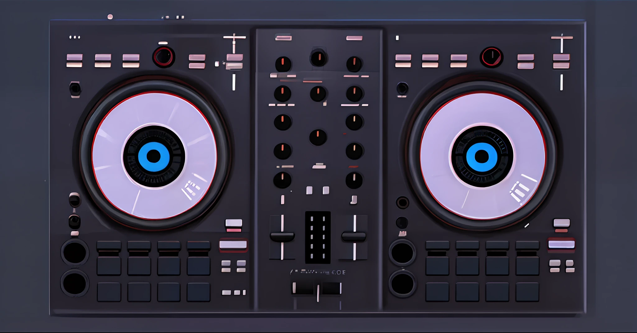 Um close up de um controlador de DJ com um leitor de disco, Mixer DJ, DJ, Conjunto de DJ, turntables, DJING com toca-discos DJ, Deck do controlador, Roland, audio equipments, turntablist, Edm, Carregado, Mpc, Deck de fitas, Turntablism DJ arranhando, DJ Sura, tocando techno house music, hardware, Controladores
