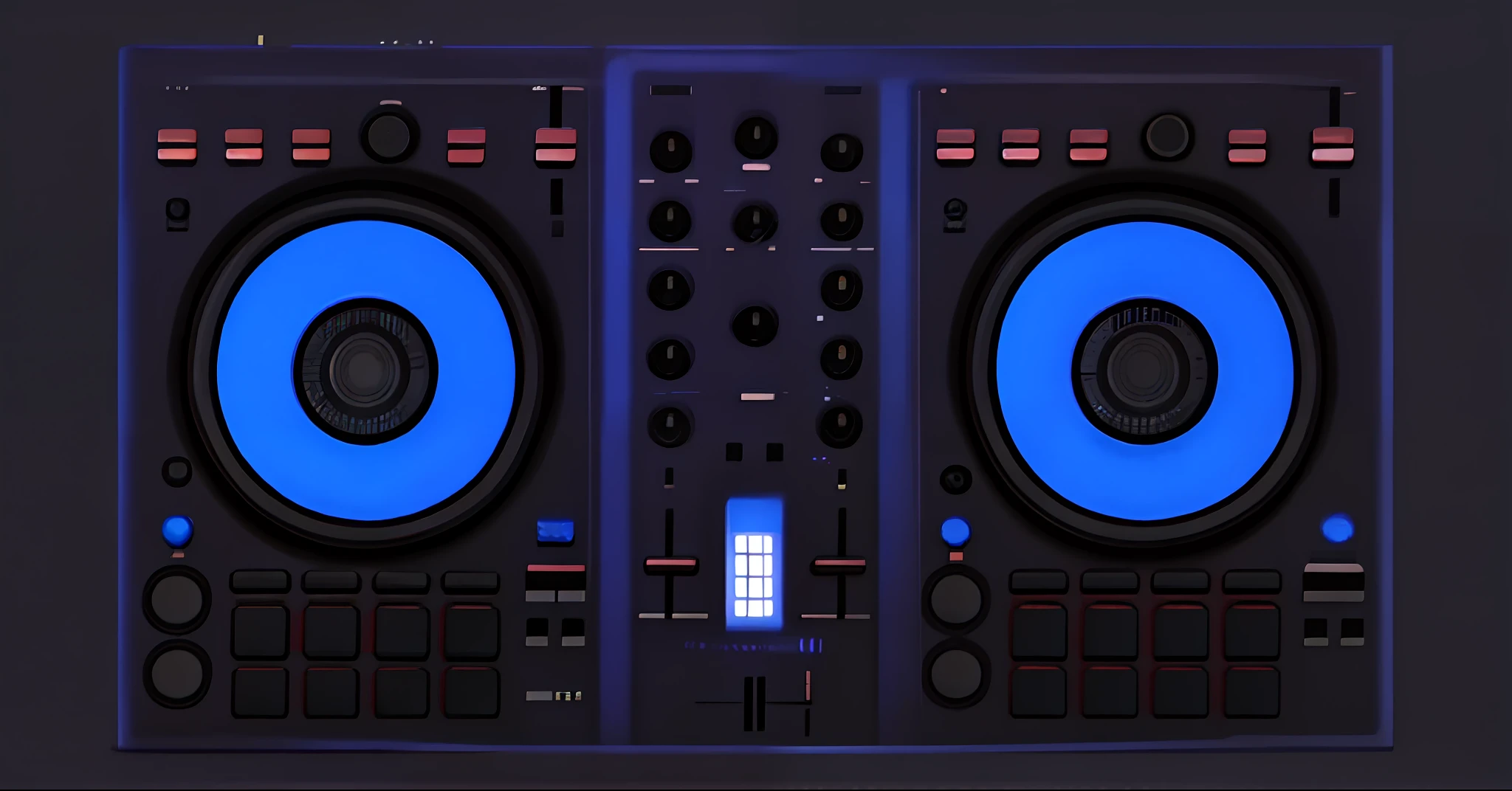 Um close up de um controlador de DJ com um leitor de disco, Mixer DJ, DJ, Conjunto de DJ, turntables, DJING com toca-discos DJ, Deck do controlador, Roland, audio equipments, turntablist, Edm, Carregado, Mpc, Deck de fitas, Turntablism DJ arranhando, DJ Sura, tocando techno house music, hardware, Controladores