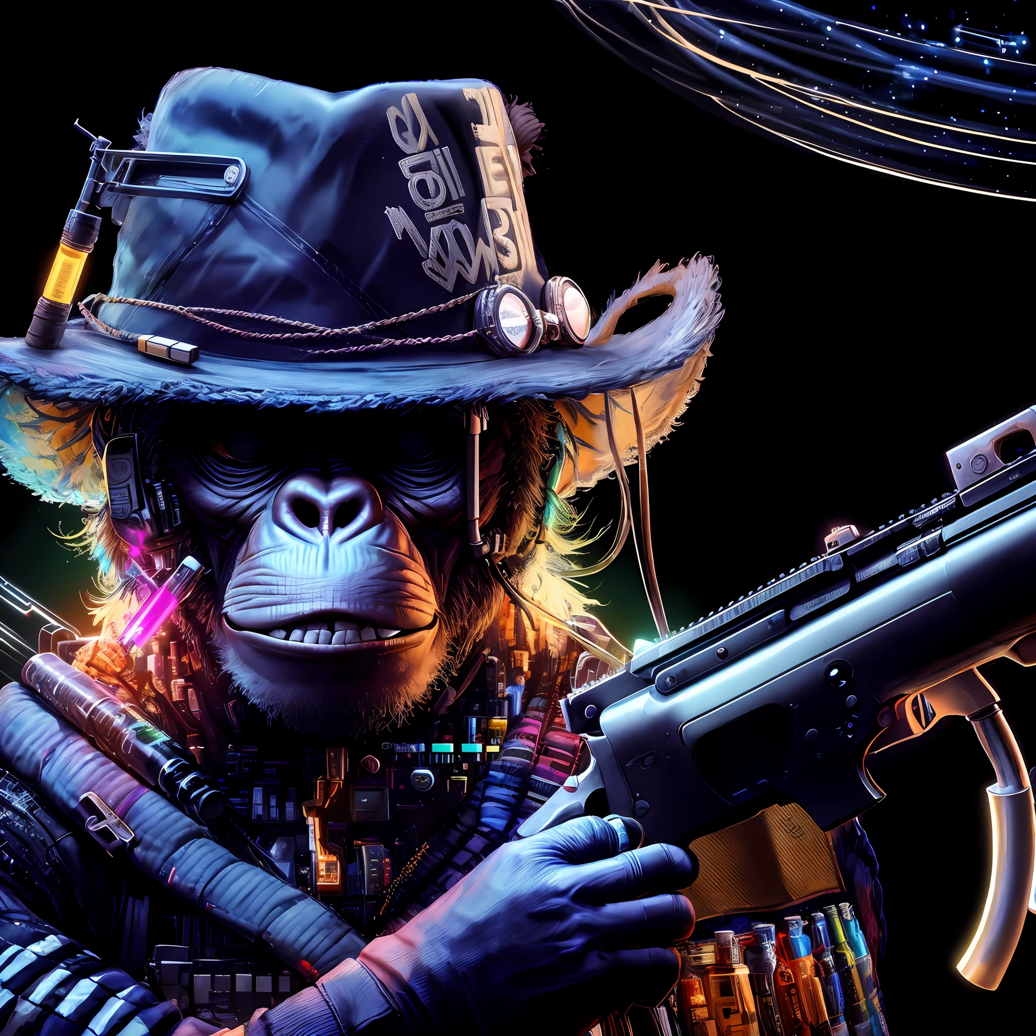 A closeup of a monkey with a gun and a hat, Beeple e Jean Giraud, cyber space cowboy, arte digital hiper detalhada, Beeple e Mike Winkelmann, Obra-prima Beeple, arte digital altamente detalhada, arte digital extremamente detalhada, bipe!!, bipe |, bipe. hiper-realismo