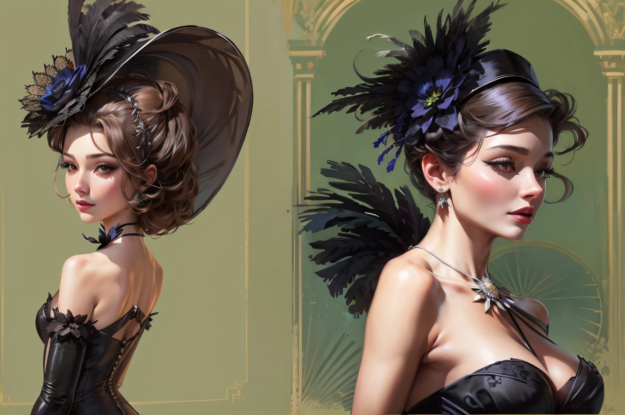 lwsh, illustration of a cute woman, A form-fitting black satin gown with a plunging neckline, accessorized with a feathered fascinator and elbow-length gloves