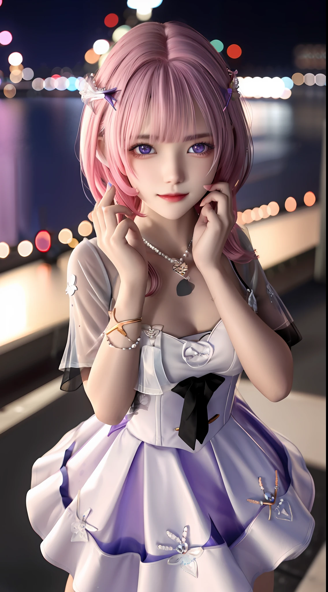 Best quality，tmasterpiece，A high resolution，CG，
1girll，arma，the bow，short detailed hair，shift dresses，Eau，独奏，jewely，white dresses，耳?????? Ring，hair adornments，spatter，full bodyesbian，
illuminating，Frankness，photore，A high resolution，4K，8K，Bokeh，pink short hair，Purple pupils
