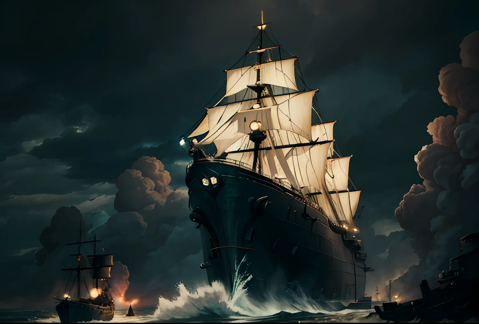 SCP-2846 The Squid and the Sailor, from SCP lore, disturbing maritime fable about a fight between a giant squid and a ghostly battleship, weird and arcane, primordial,  wide angle, super highly detailed, professional digital painting by Arie Lamme and Cornelis Thim