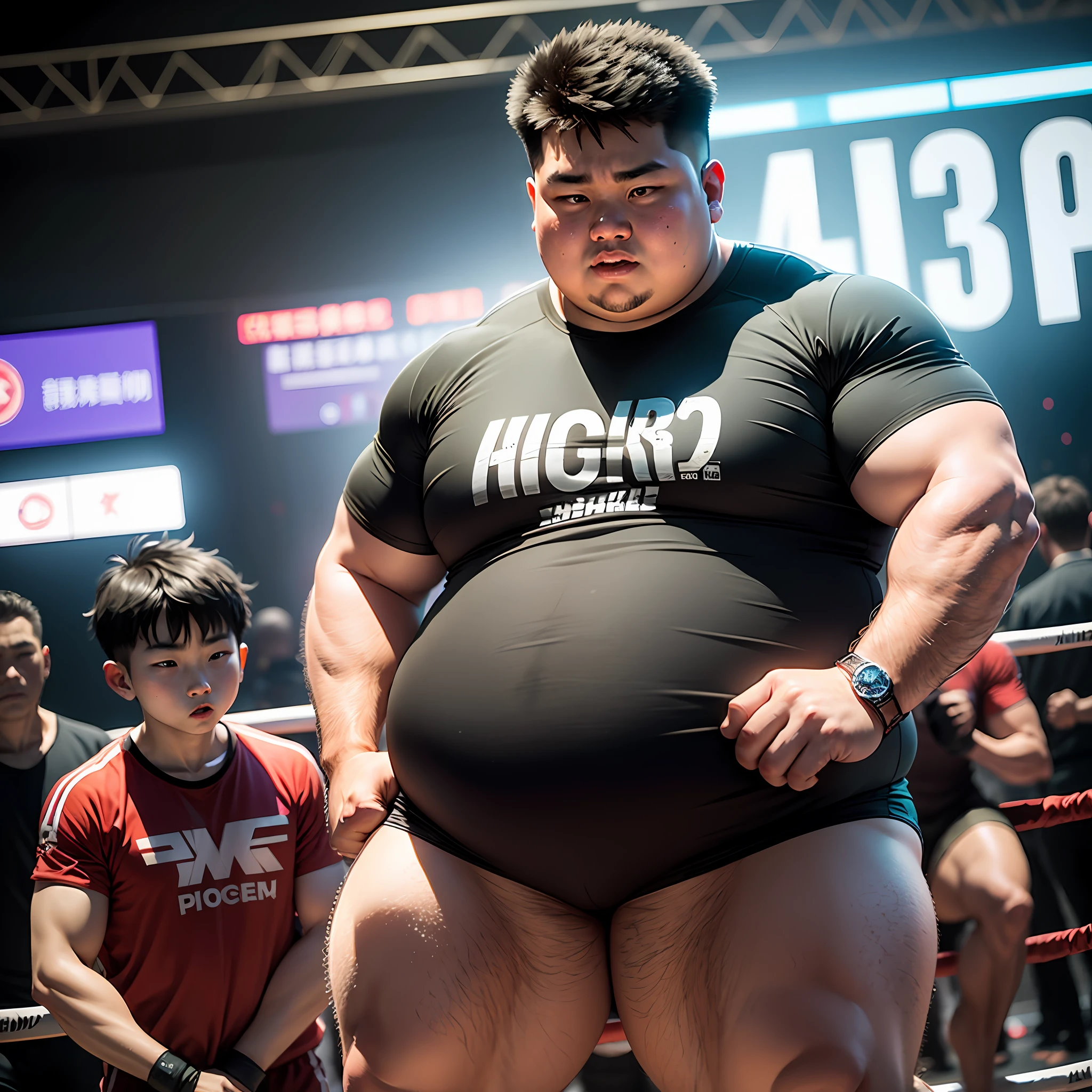 One height 1.6m，Obese  boy，Weight 75 kg，short detailed hair，Practicing Muay Thai。 --auto