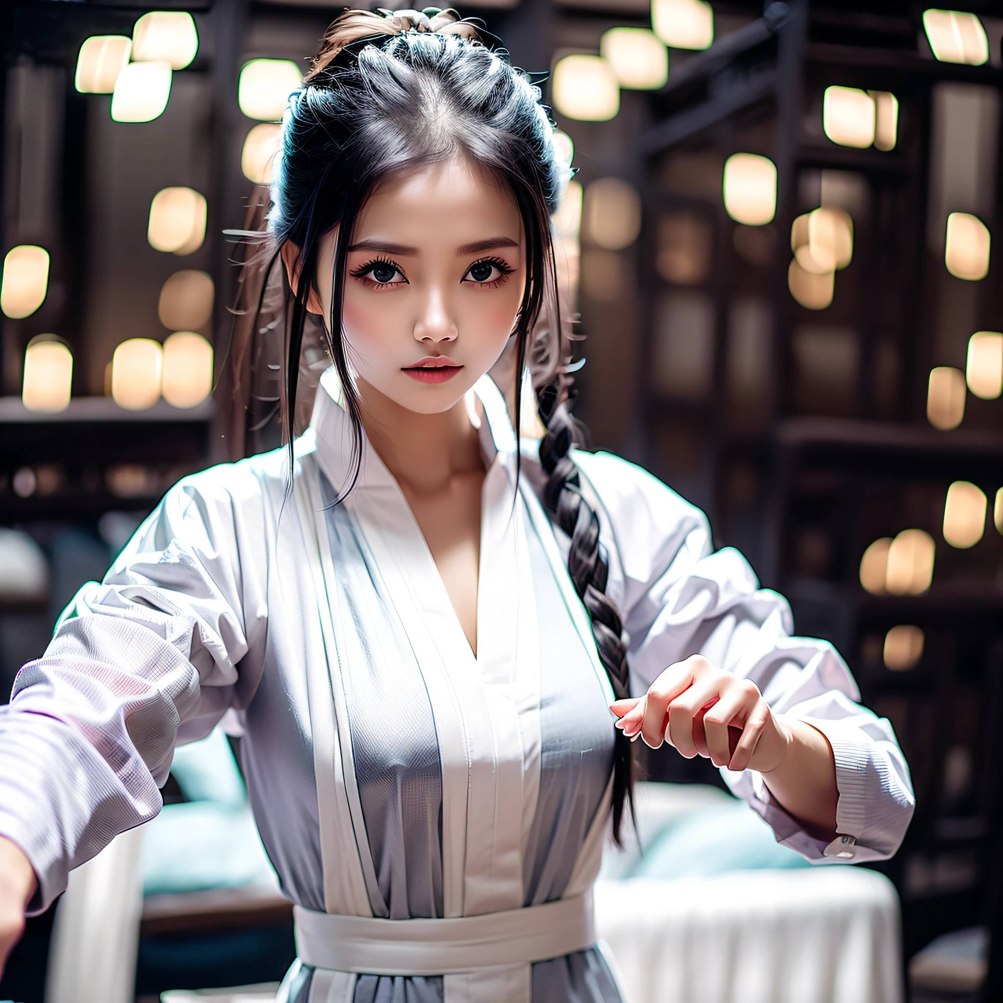 Modern working women Asian tall white shirt black stockings barefoot fair skin charming beautiful facial features beautiful looks like Li Jiaxin --auto