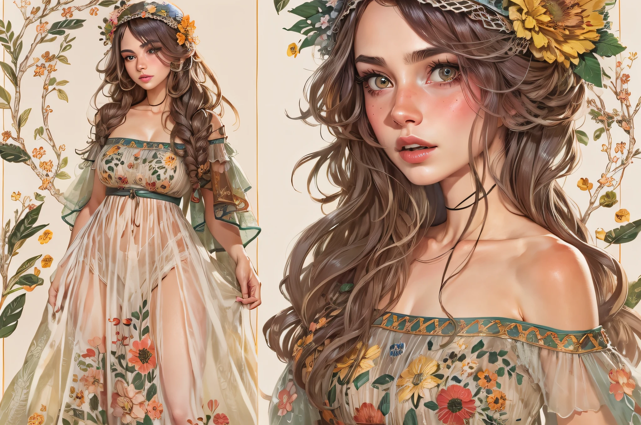lwsh, illustration of a cute woman, The Bohemian Beauty, A flowing bohemian-inspired dress with layers of sheer fabric, embroidered details, and a floral crown