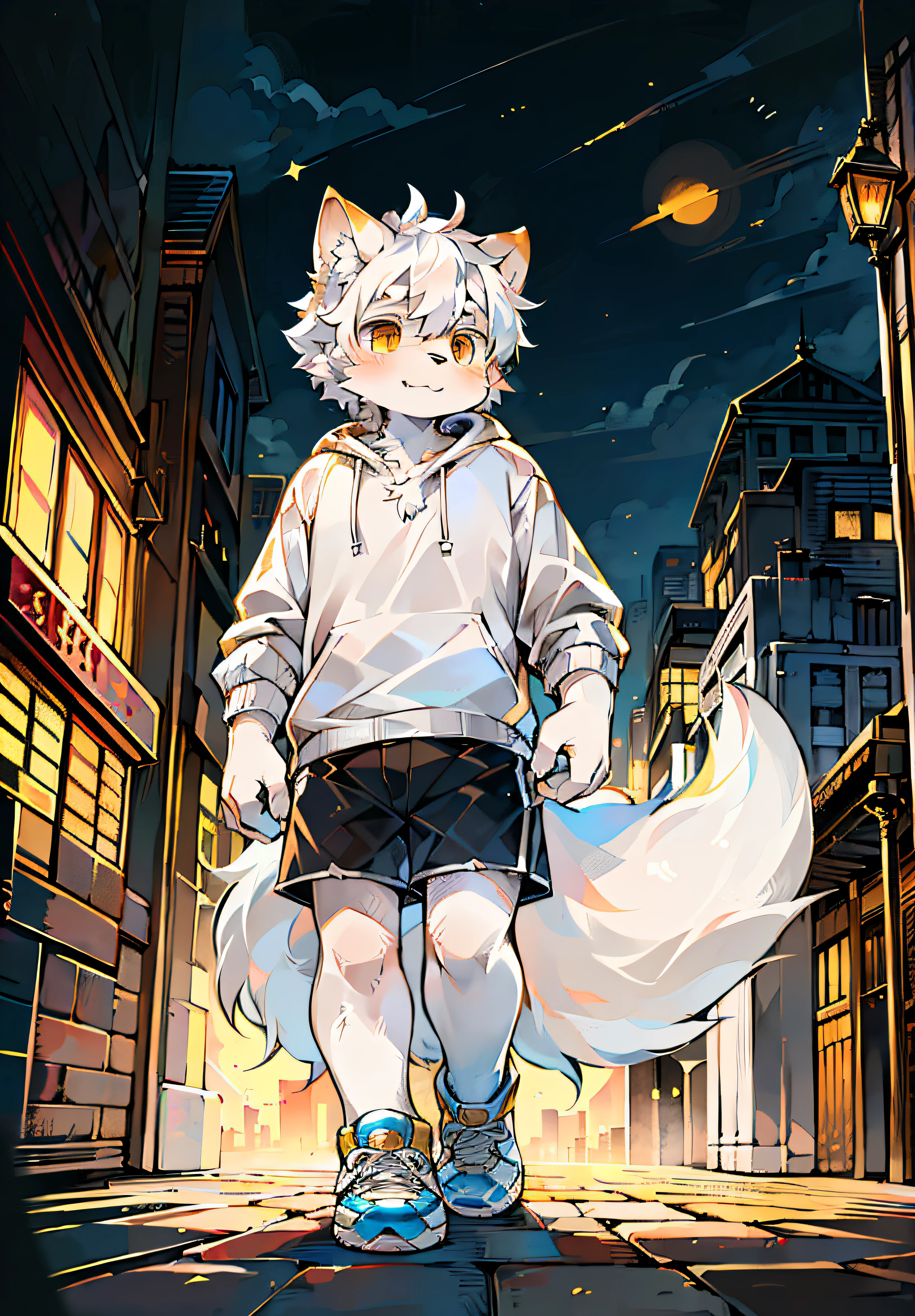 Sunny environment:0.8),masterpiece,high quality,abstract res,digital painting\(artwork\), by dagasi, yupa,kiyosan,(anthro,fluffy fur,character focus:1.1),anthro male cat,short hair,portrait , eyes with brightness, in a panoramic view, Character focus.(detailedbackground:Large cities 0 during the day.7), 独奏, shaggy, shaggy male, malefocus, anthr,(Full Body Furry, Fluffy tail, White fur,adolable ,Dog nose,Yellow doji eyes,Cute, bright and big eyes with God, Short black hair:1.2), (long canines、Dog Samoyed、White hooded T-shirt、white ultra short pants、White shoes、White ears、White hair all over the body:1.2),(external、big city,In the daytime,time square:1.1