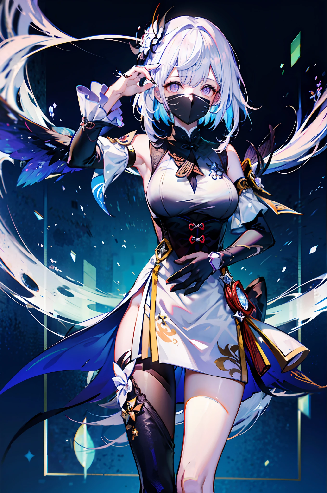 （best qualtiy，detailed back ground，Highest high resolution，8k wallpaper，full bloom，messy  hair，shinny hair，Bright pupils，Exposed Big），((Shen He（Genshin Impact）))，1个Giant Breast Girl，Focus on the legs，long whitr hair，silber hair，randome pose，glass ceilings，Hair is more than one eye，