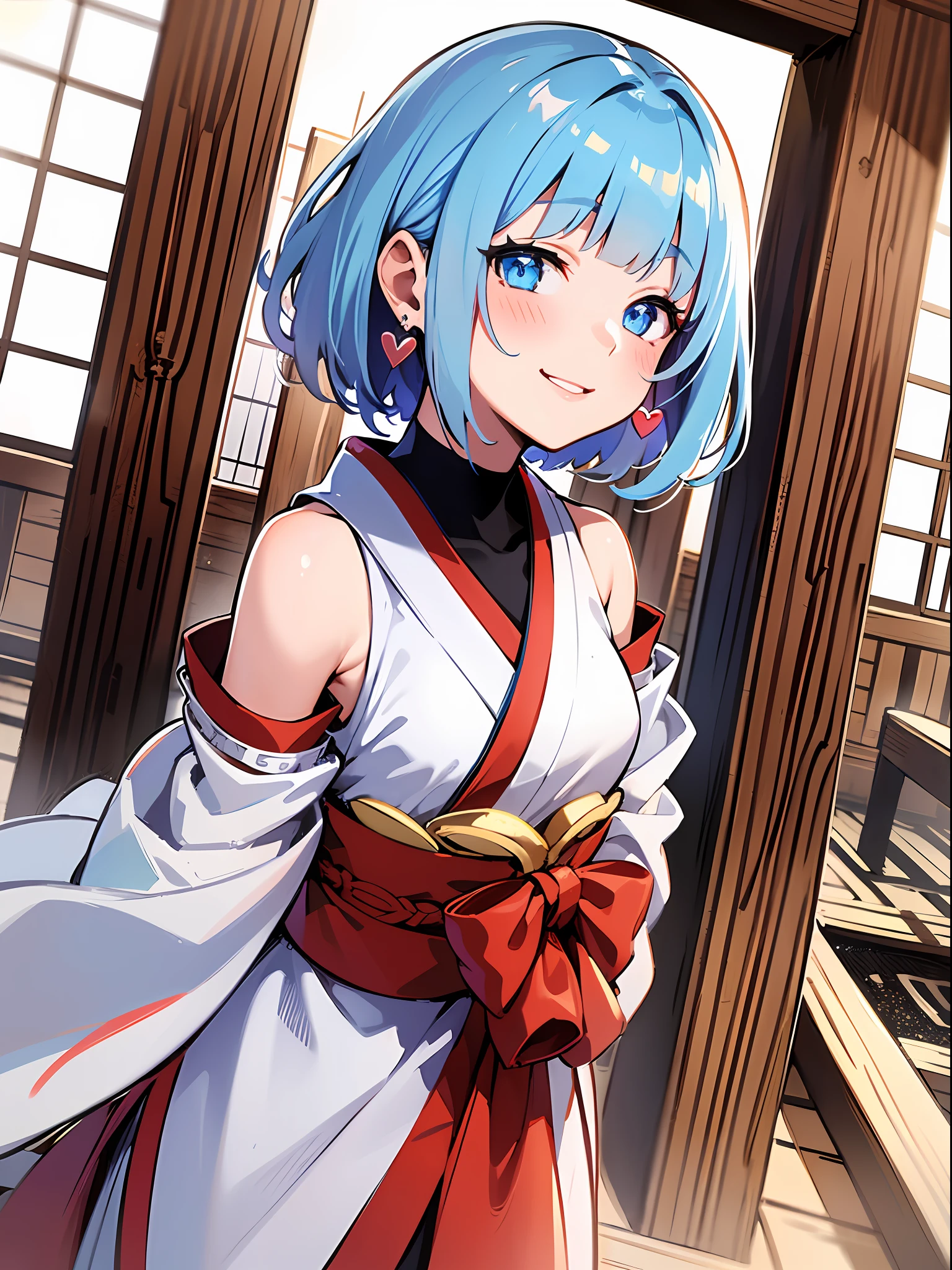 (masterpiece:1.3), (best quality:1.3), high resolution,
from above, dutch angle, couboy shot,
leaning forward, arms behind back, body facing forward,
(one cute girl:1.3), solo,
white skin, small Breast, eight-headed person,
light blue hair, (bobbed hair:1.2), (short hair:1.2), (blunt bangs:1.2), beautiful hair, blue eyes, beautiful detailed eyes,
blush, heart, cheerful smile,
shrine maiden, white and red shrine maiden, detached sleeves, earrings,
outdoors, shinto shrine, japanese style town,
shadowlighting,