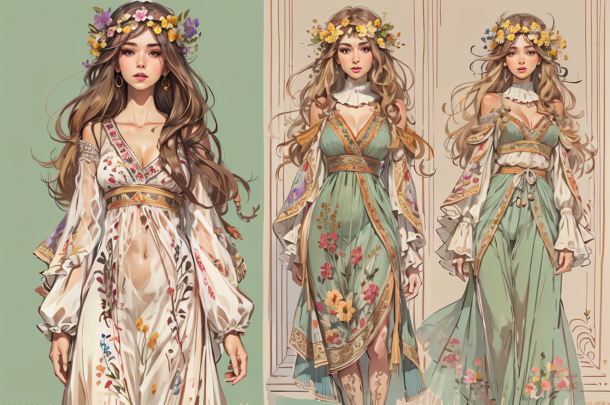 lwsh, illustration of a cute woman, The Bohemian Beauty, A flowing bohemian-inspired dress with layers of sheer fabric, embroidered details, and a floral crown