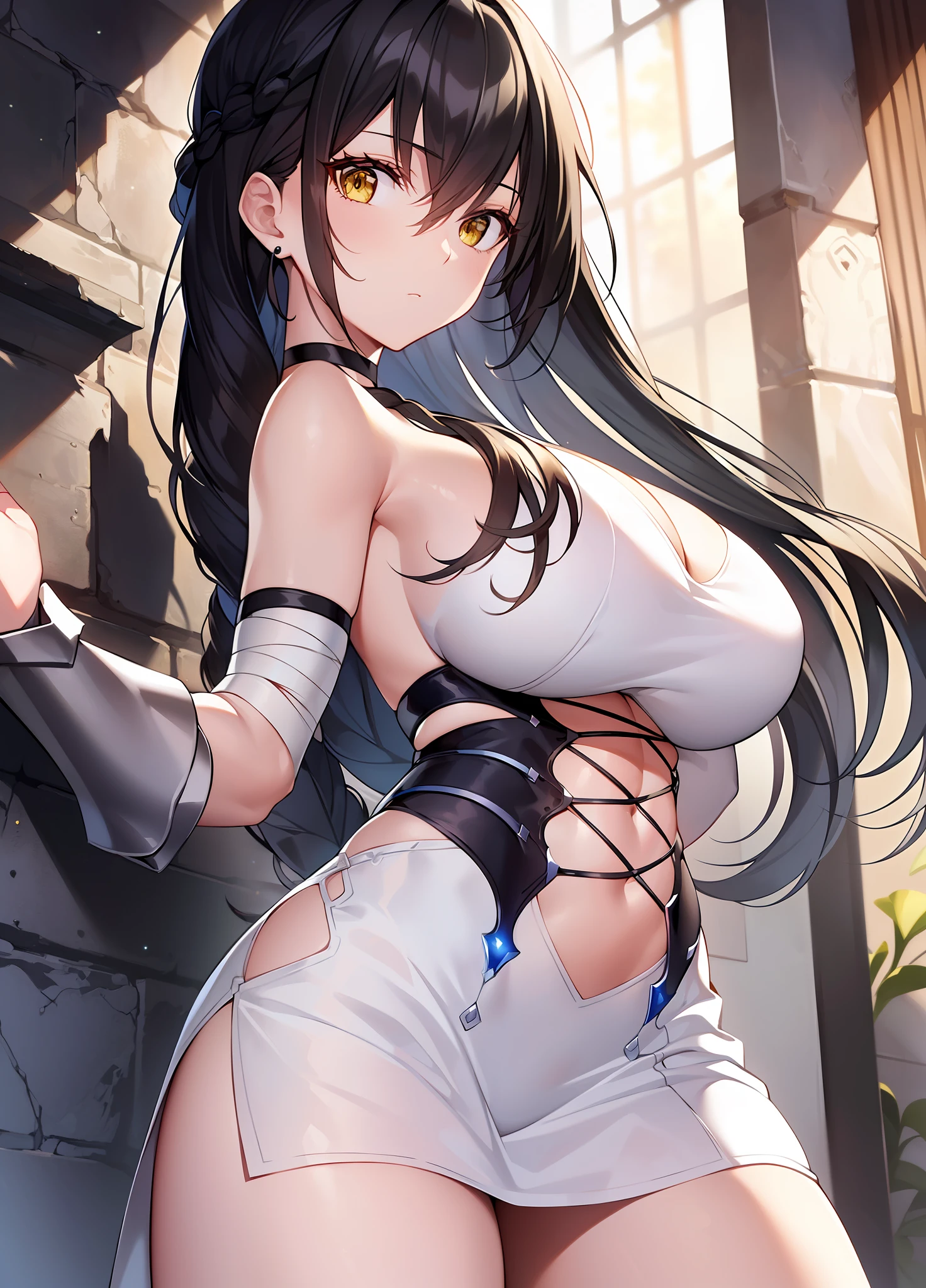 incomparable masterpiece, ultra 8k CG, ultra high resolution, perfect art, ((dominant posture)), from below, sensual, (((white short dress))), white ligerie, (sexy), clean, ((night)), ((lace linge)), beautiful face, ((back)), against the wall, semi naked, pure face, backwards, detailed hair, finely detailed eyes and face, beautiful detailed eyes, hyper-extreme details, best quality, perfect illustration, an extremely delicate and beautiful, extremely detailed, CG, 8k wallpaper, amazing, finely detailed, official art, extremely detailed 8k CG wallpaper, incredibly absurd, huge file size, ultra detailed, extremely detailed, beautiful detailed girl, extremely detailed eyes and face, 1girl, solo, crowe velvet, ((low hair tied, black hair, long hair)), ((bandages, bandaged arm, left arm bandaged)), ((mature female, milf)), large breasts, (yellow eyes: 1.2), red shirt, abdomen, navel, torn clothes, black shorts, (single braid: 1.4), over-the-shoulder braid, ((individual gauntlet, bridal gauntlet on right arm)), navel, bare shoulders, black choker, abs, ((leg wear, black thighs)), looking at the viewer,