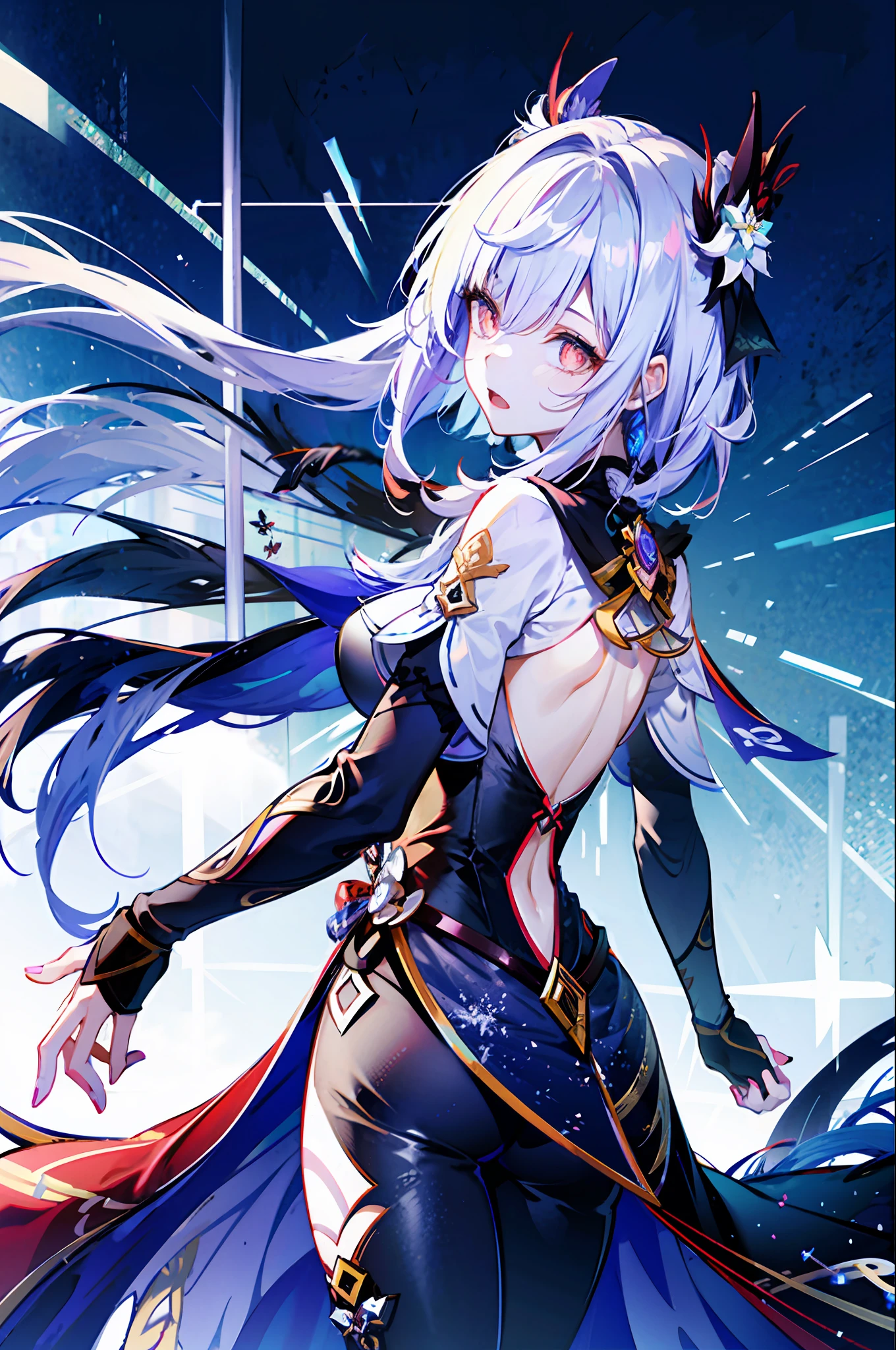 (best qualtiy,detailed back ground,Highest high resolution,8k wallpaper,full bloom,messy hair,shinny hair,Bright pupils,Exposed Big),((Shen He(Genshin Impact))),1个Giant Breast Girl,Focus on the legs,long whitr hair,silber hair,randome pose,glass ceilings,Hair is more than one eye,