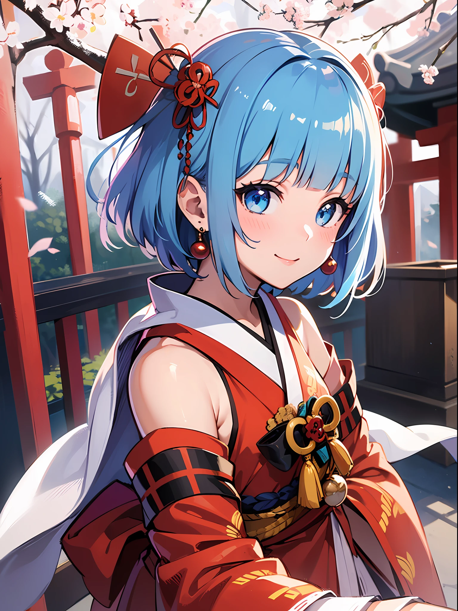 (masterpiece:1.3), (best quality:1.3), high resolution,
from above, dutch angle, couboy shot,
leaning forward, arms behind back, body facing forward,
(one cute girl:1.3), solo,
white skin, small , eight-headed person,
light blue hair, (bobbed hair:1.2), (short hair:1.2), (blunt bangs:1.2), beautiful hair, blue eyes, beautiful detailed eyes,
blush, heart, cheerful smile,
shrine maiden, white and red shrine maiden, detached sleeves, earrings,
outdoors, shinto shrine, japanese style town,
shadowlighting,