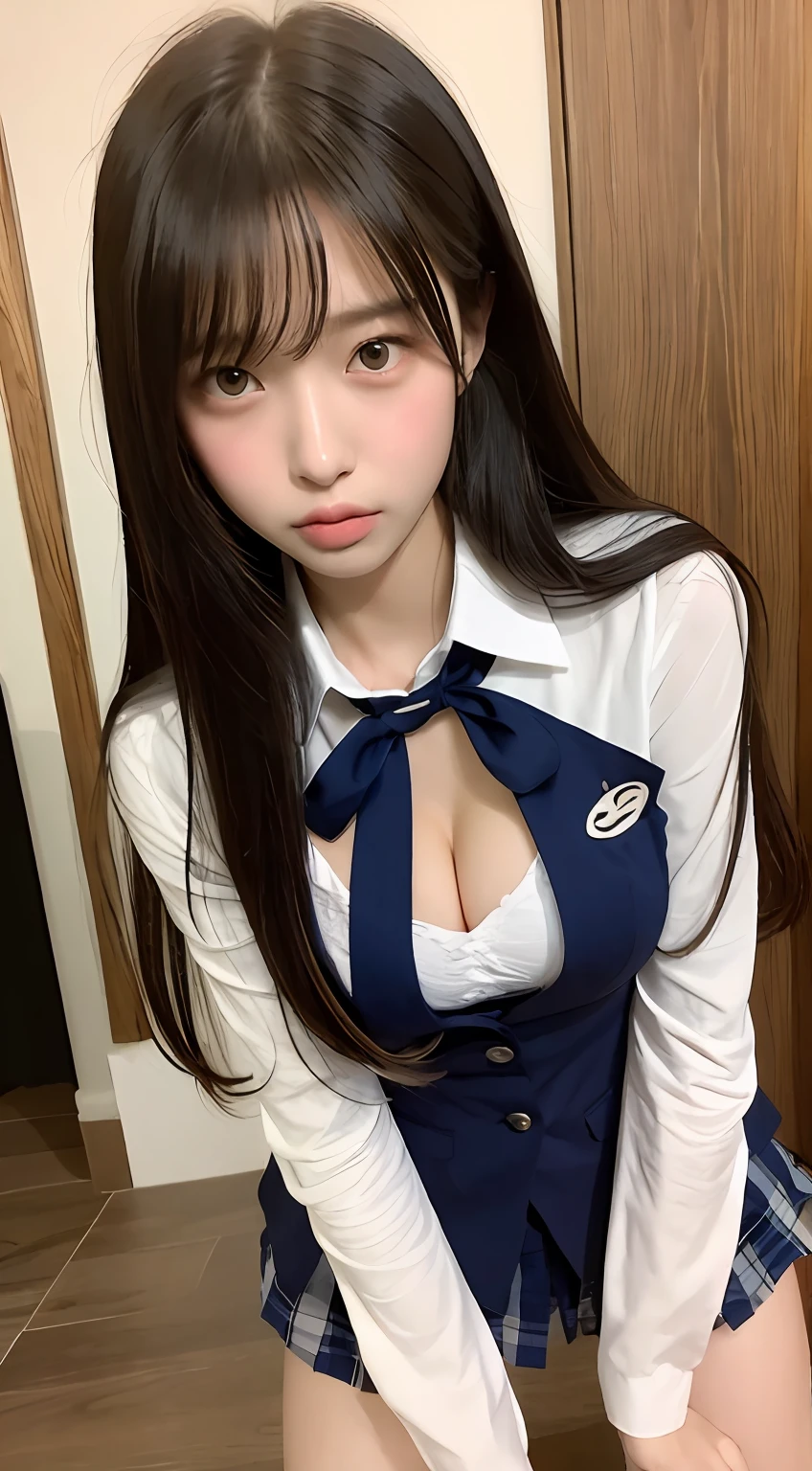 perfect figure beautiful woman：1.4，Layered Hair Style，Protruding cleavage：1.2，Japanese high school girls' uniform：1.5，Highly Detailed Face and Skin Textur，二重まぶた，Whiten the skin，long whitr hair