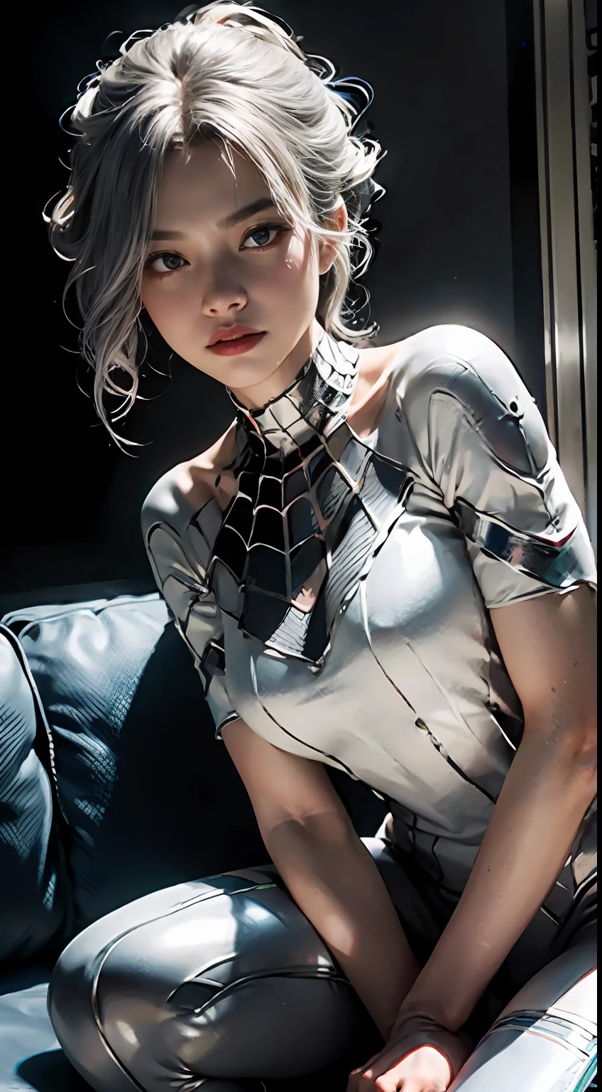 (Extreme Detail CG Unity 8K wallpaper, masterpiece, highest quality), (Exquisite lighting and shadow, highly dramatic picture, Cinematic lens effect), a girl in a white Spider-Man costume, silver gray hair color, from the Spider-Man parallel universe, Wenger, Marvel, Spider-Man, sitting on the couch, dynamic pose), (excellent detail, excellent lighting, wide angle), (excellent rendering, enough to stand out in its class), focus on white Spider-Man costumes, complex spider textures